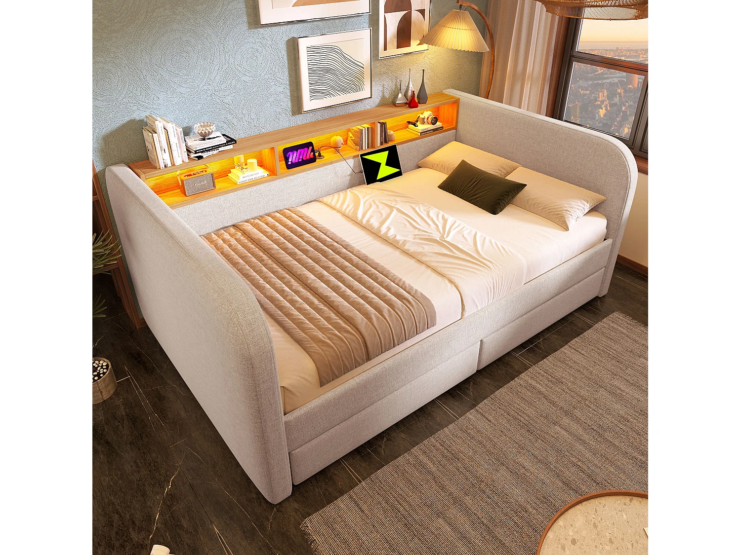 Canapé-lit 140x190 cm avec sommier - tête de lit capitonnée avec USB et LED 2 tiroirs - lin beige (sans matelas )