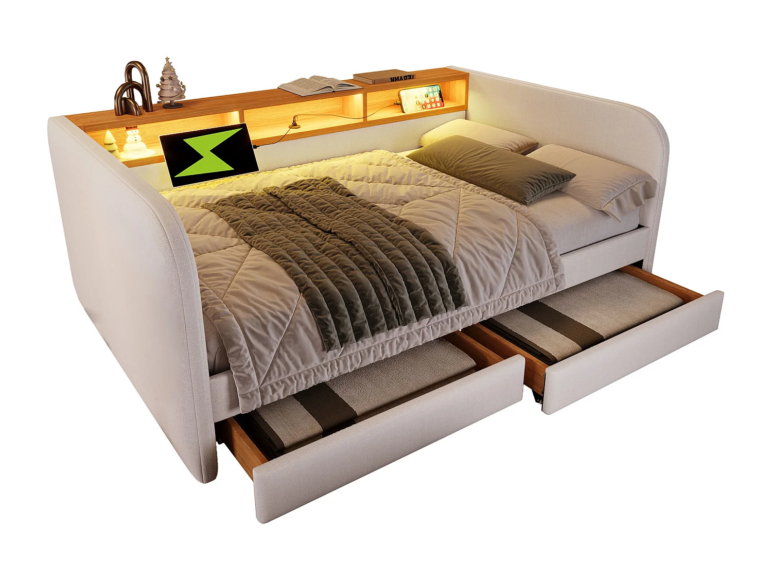 Canapé-lit 140x190 cm avec sommier - tête de lit capitonnée avec USB et LED 2 tiroirs - lin beige (sans matelas )