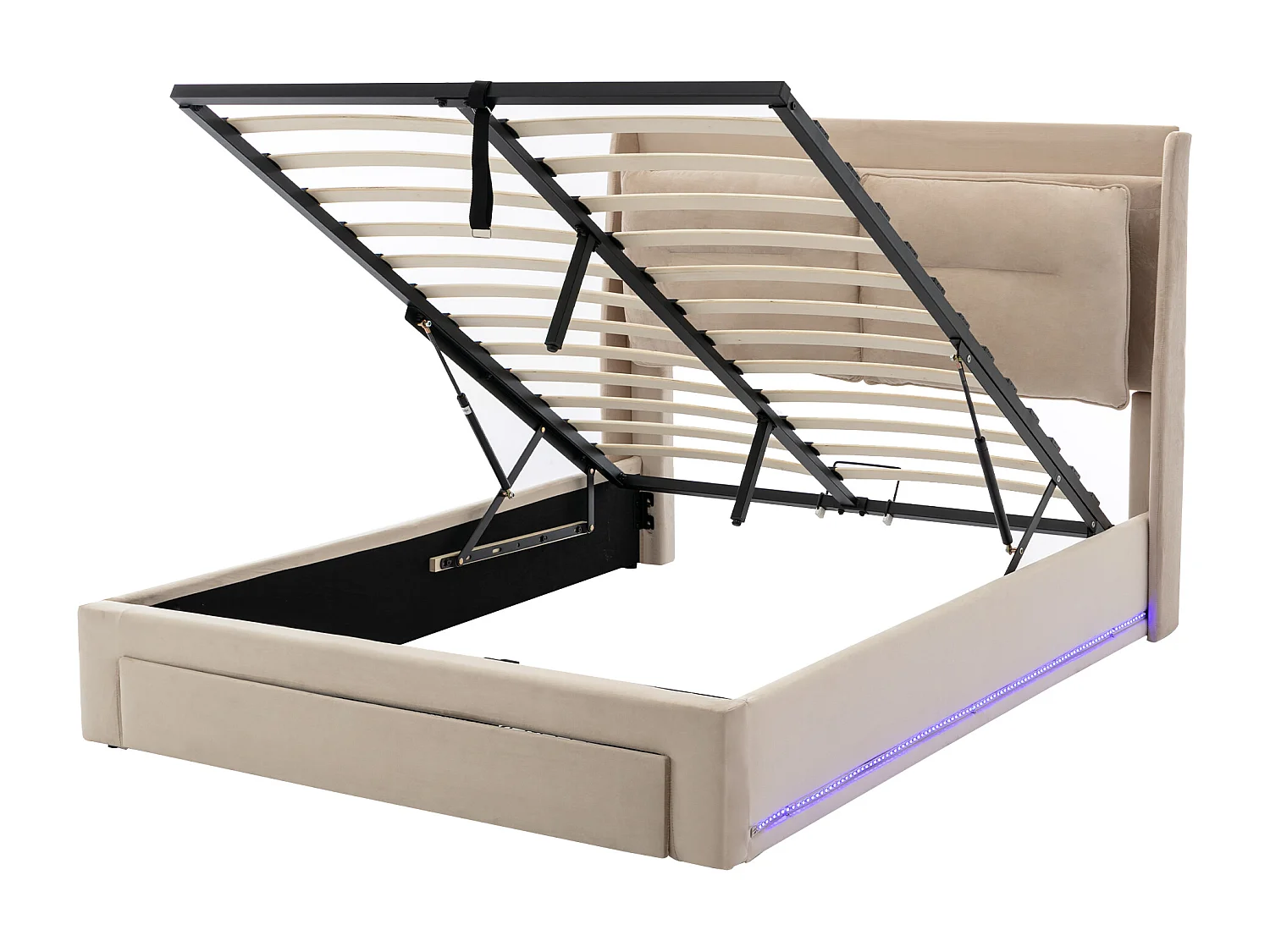 Lit coffre 140x200 cm avec sommier - tête de lit capitonnée avec tiroirs 2 en 1 et LED - velours beige (sans matelas)