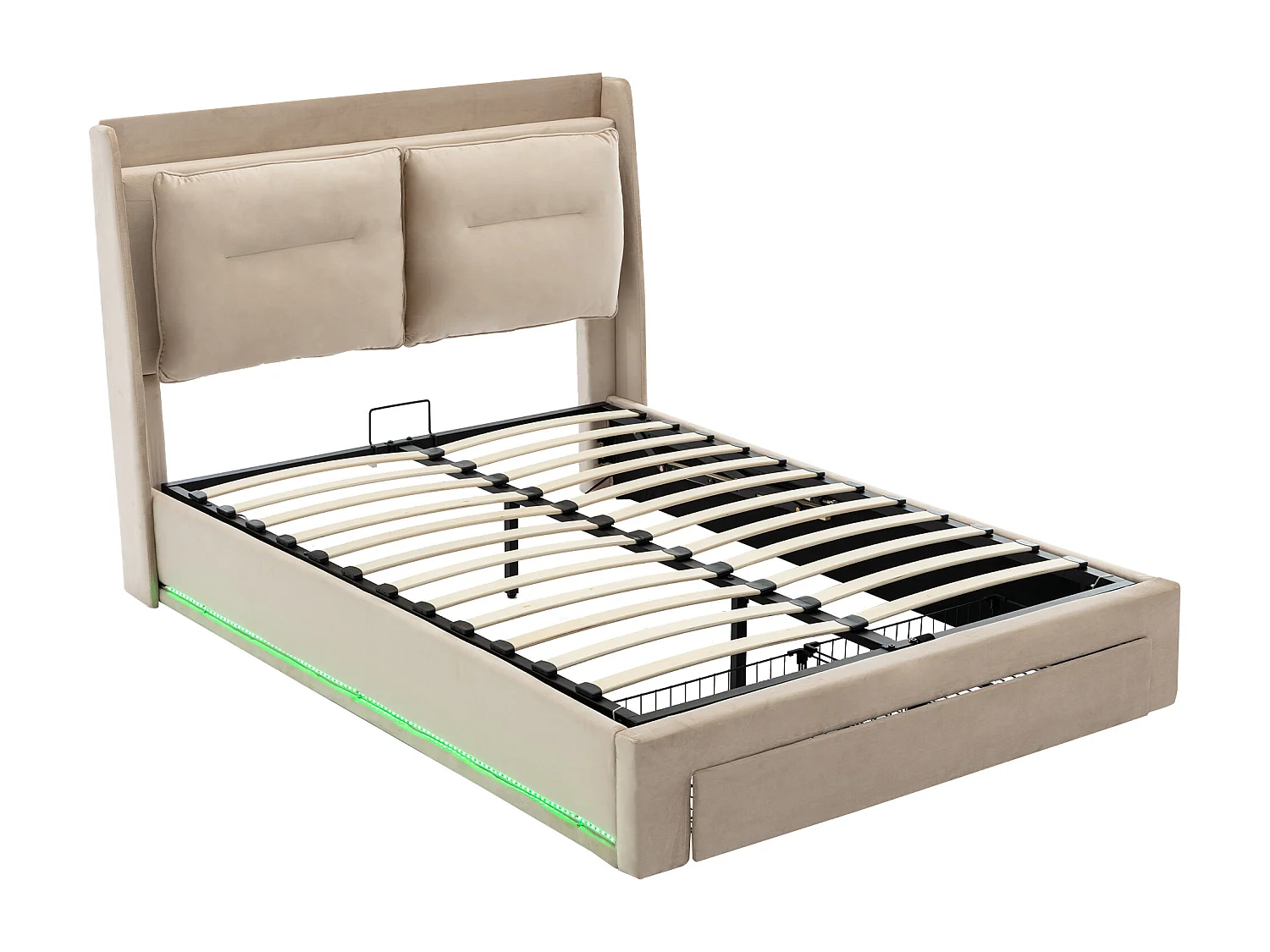 Lit coffre 140x200 cm avec sommier - tête de lit capitonnée avec tiroirs 2 en 1 et LED - velours beige (sans matelas)