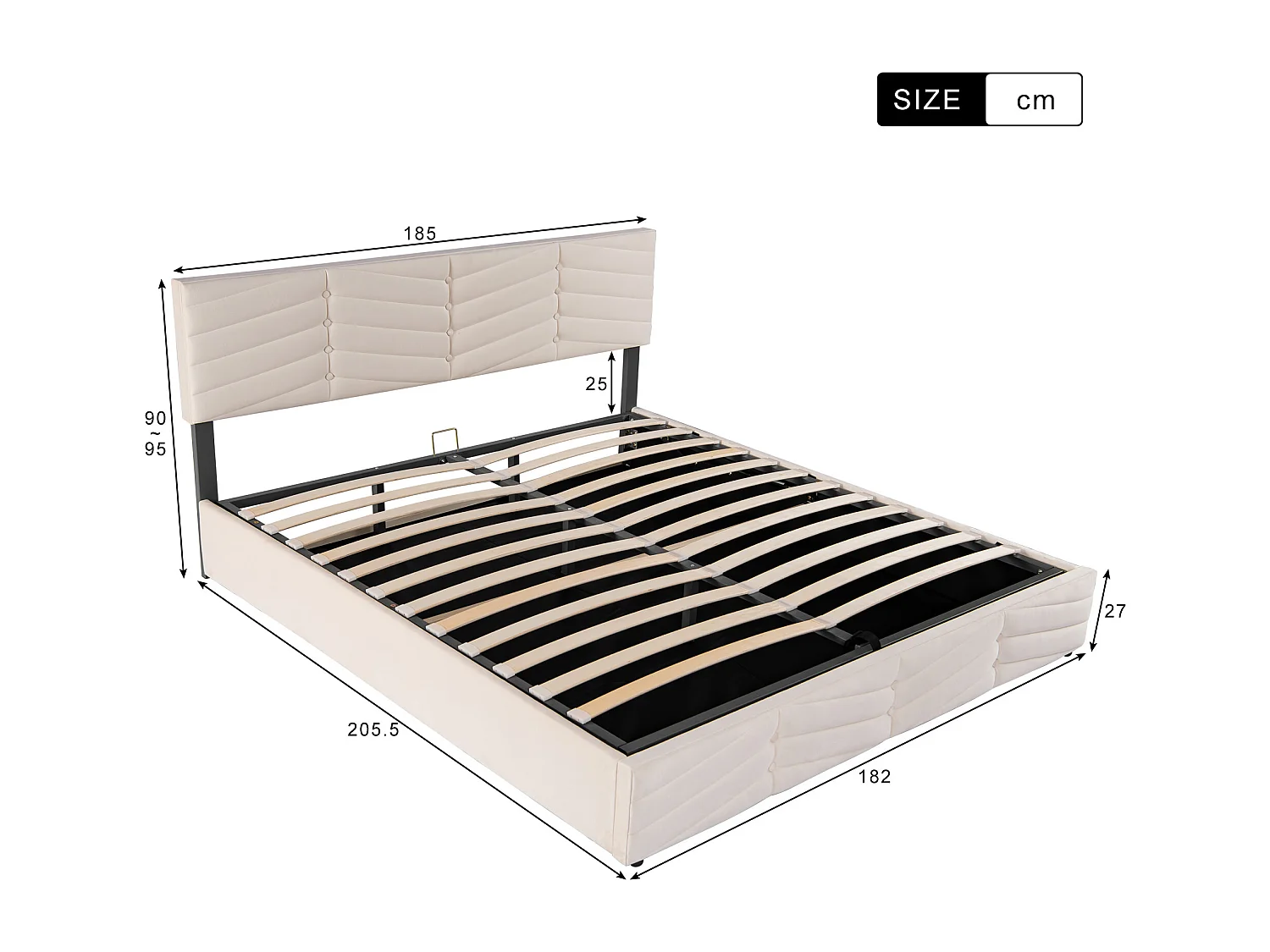 Lit coffre 180x200 cm avec coffre hydraulique, tête de lit réglable, velours beige (Sans matelas)