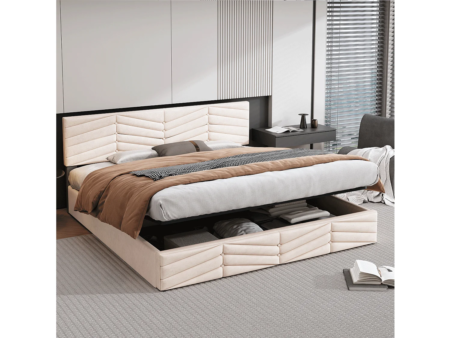 Lit coffre 180x200 cm avec coffre hydraulique, tête de lit réglable, velours beige (Sans matelas)