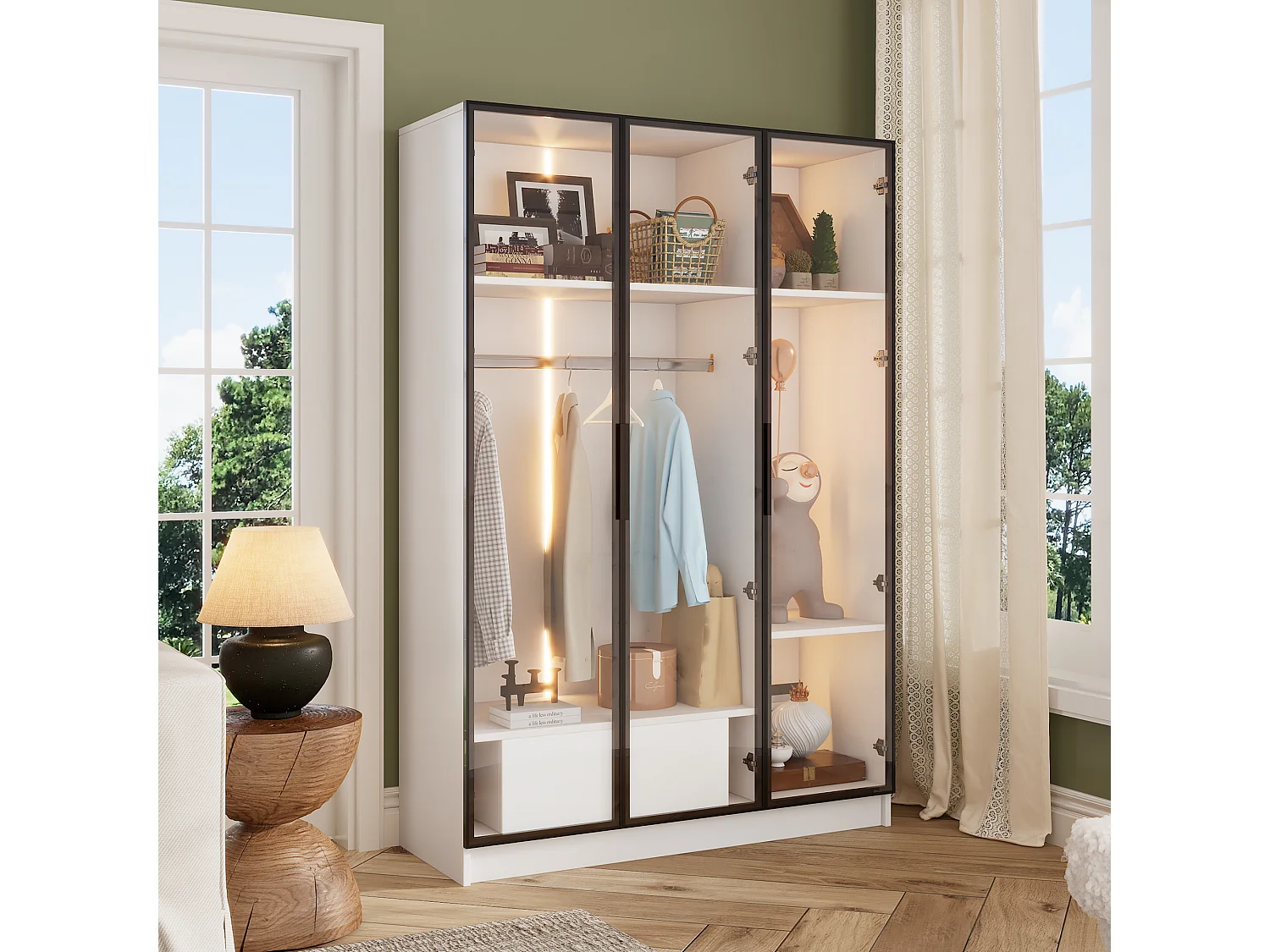 Armoire 110x50x160 cm LED avec 3 portes en vitrée 1 tiroir et 1 barre à vêtements - en bois - blanc