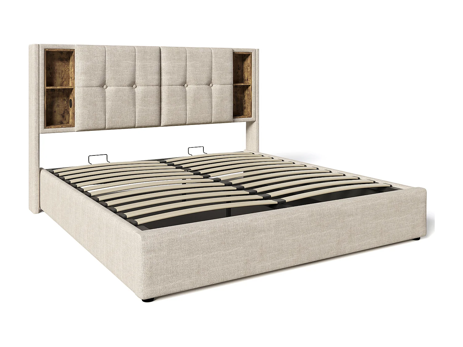 Lit coffre 160x200 cm avec chargement sans fil, USB et tête de lit de rangement en lin naturel (Avec matelas)