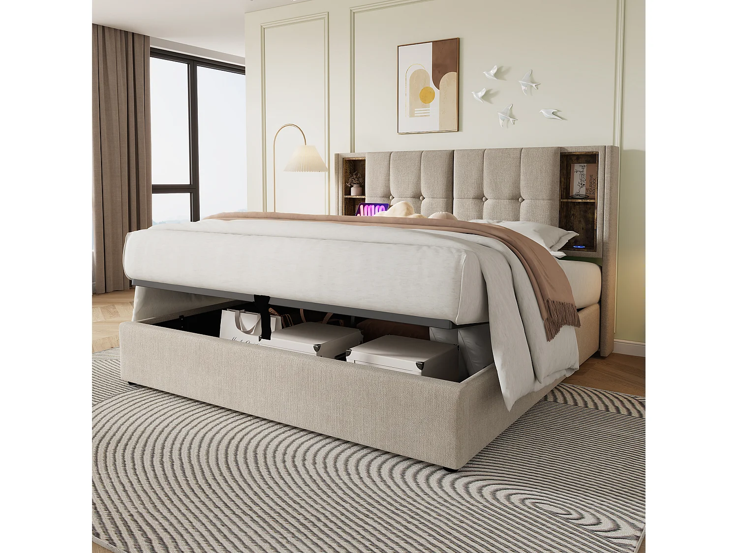 Lit coffre 160x200 cm avec chargement sans fil, USB et tête de lit de rangement en lin naturel (Avec matelas)
