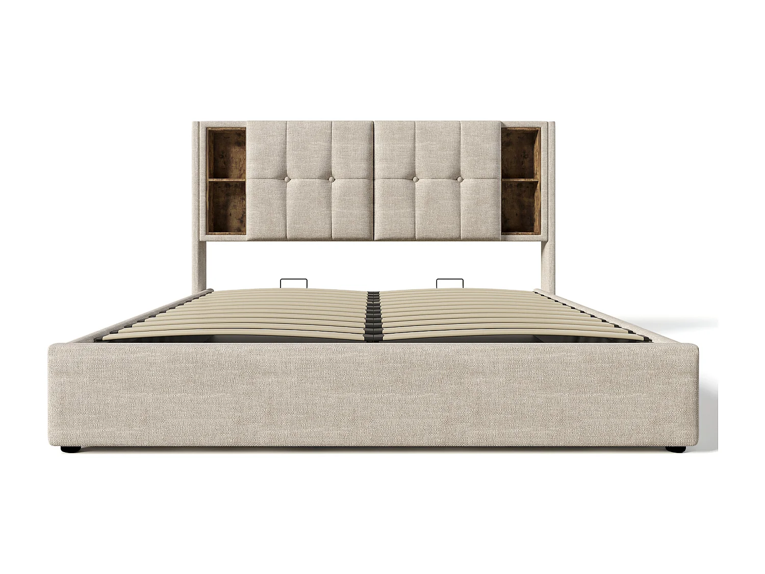 Lit coffre 160x200 cm avec chargement sans fil, USB et tête de lit de rangement en lin naturel (Avec matelas)