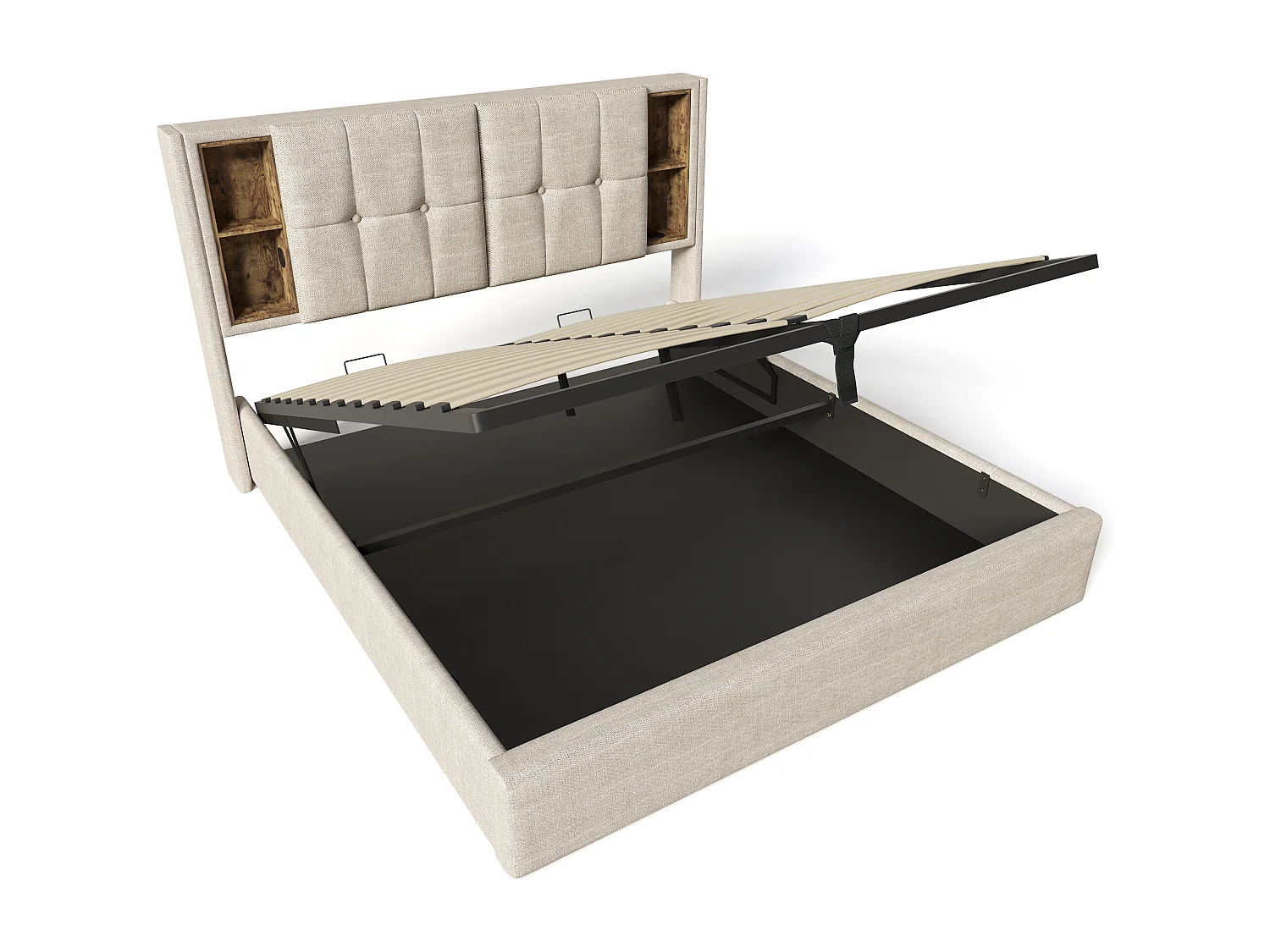 Lit coffre 160x200 cm avec chargement sans fil, USB et tête de lit de rangement en lin naturel (Avec matelas)
