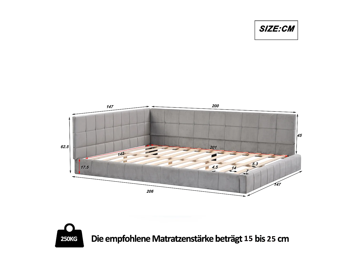 Lit adulte 140x200 cm avec sommier à lattes, convertible canapé, tissu gris (Sans matelas)