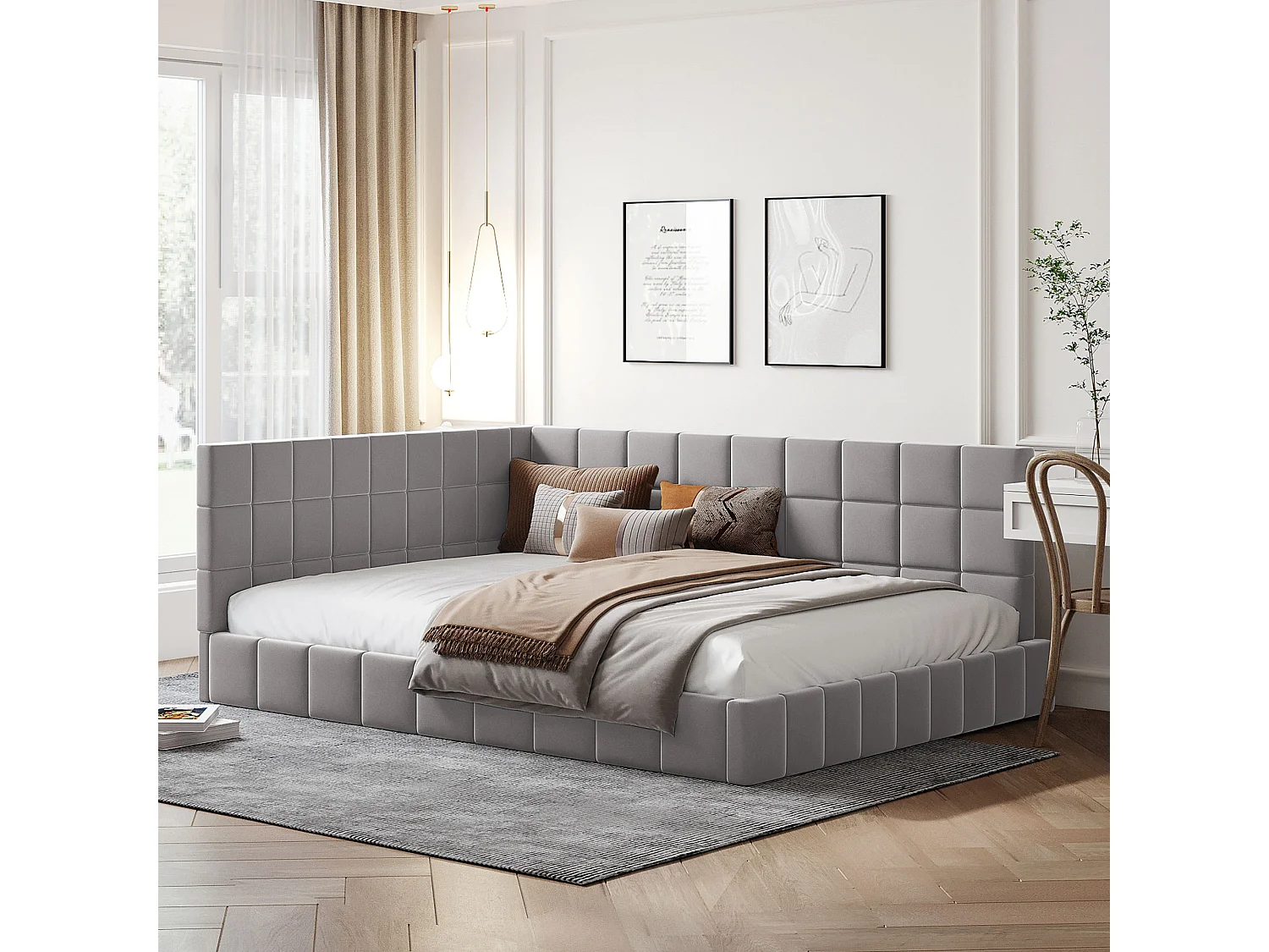 Lit adulte 140x200 cm avec sommier à lattes, convertible canapé, tissu gris (Sans matelas)