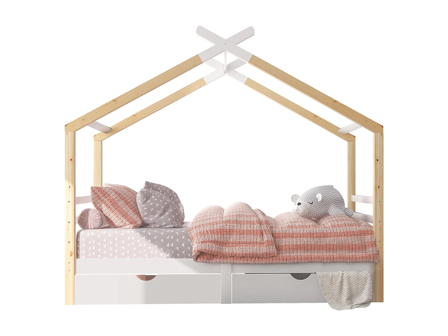 Lit cabane 90x200cm avec cadre sommier à lattes protection anti-chute tiroir - Bois - Blanc - (sans matelas)