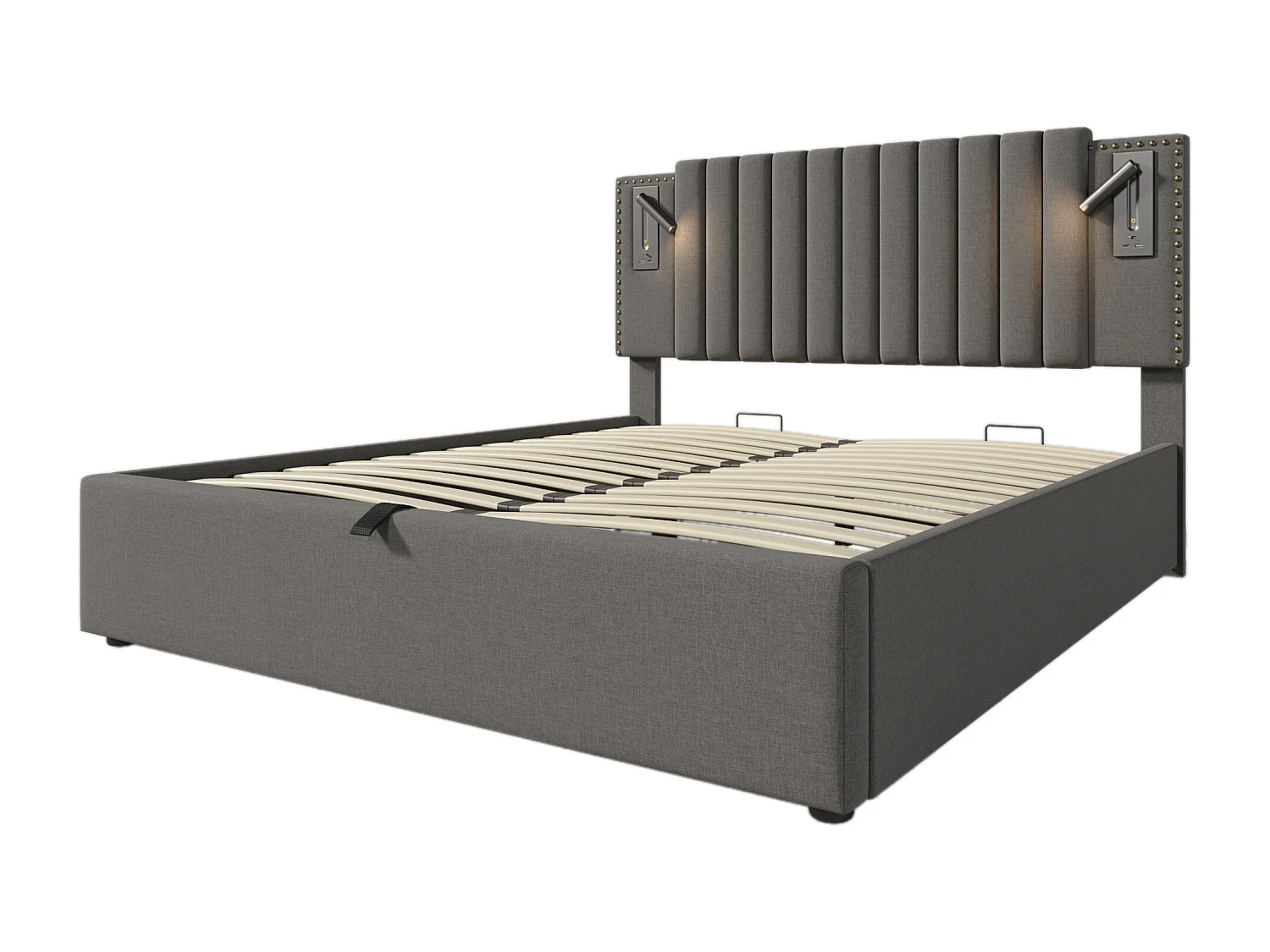 Lit coffre 160x200 cm avec coffre, lumière de lecture et ports USB, coton gris (Avec matelas)
