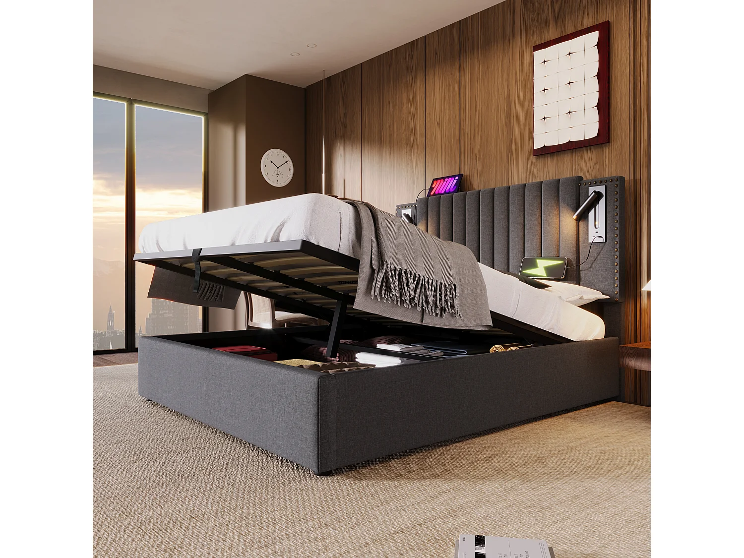 Lit coffre 160x200 cm avec coffre, lumière de lecture et ports USB, coton gris (Avec matelas)