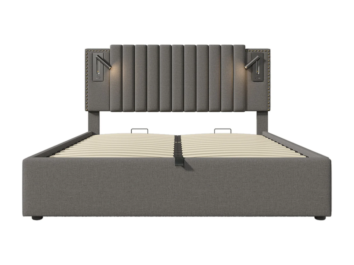 Lit coffre 160x200 cm avec coffre, lumière de lecture et ports USB, coton gris (Avec matelas)