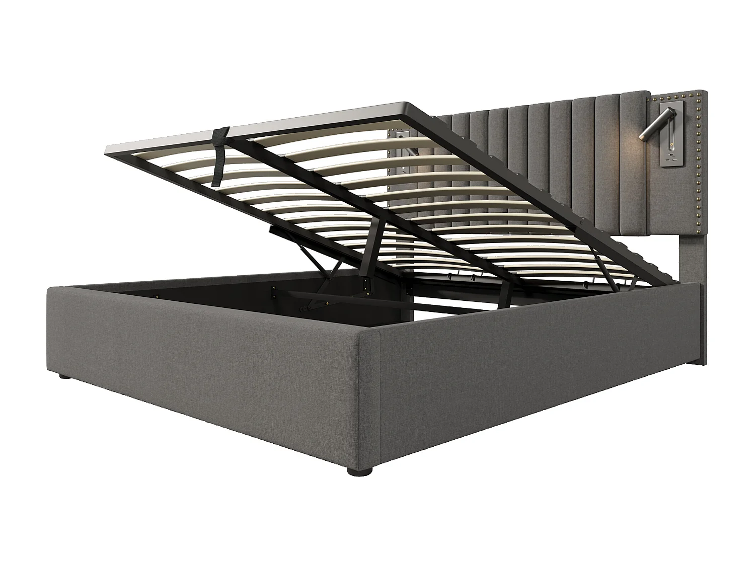 Lit coffre 160x200 cm avec coffre, lumière de lecture et ports USB, coton gris (Avec matelas)