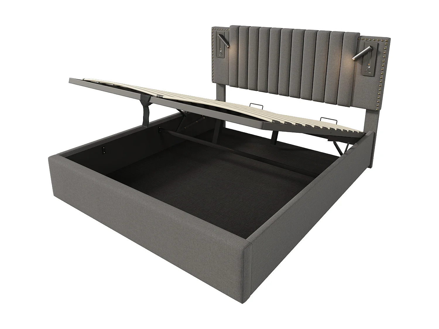 Lit coffre 160x200 cm avec coffre, lumière de lecture et ports USB, coton gris (Avec matelas)