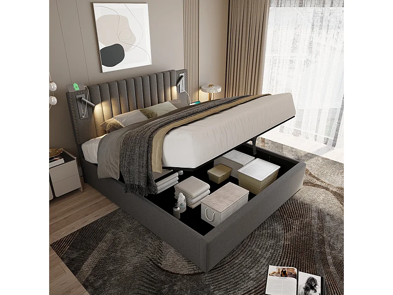 Lit Coffre 160x200cm avec LED USB Espace de rangement Matelas Sommier à lattes en bois en gris pour adultes et enfants et adolescents