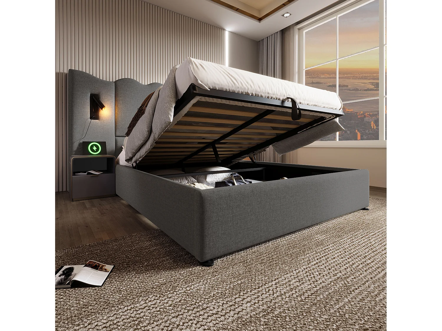 Lit Coffre 160x200cm avec USB LED Espace de rangement Sommier à lattes en bois en gris pour adultes et enfants et adolescents