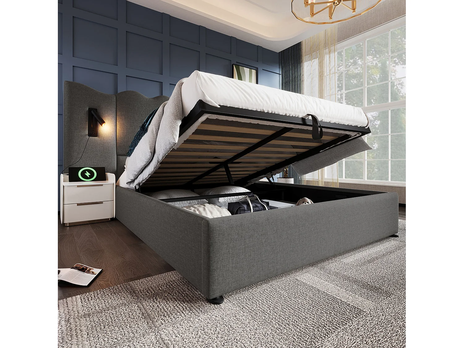 Lit coffre 160x200 cm avec rangement hydraulique, lampe orientable, ports USB et Type C, lin gris (Sans matelas)