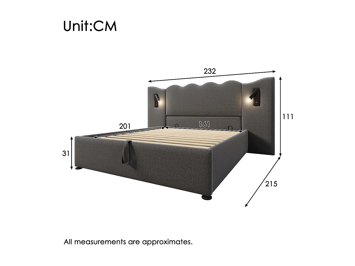 Lit coffre 160x200 cm avec rangement hydraulique, lampe orientable, ports USB et Type C, lin gris (Sans matelas)