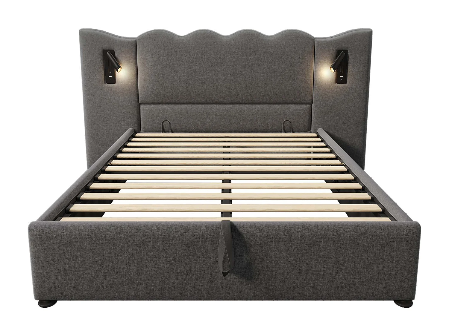 Lit coffre 160x200 cm avec rangement hydraulique, lampe orientable, ports USB et Type C, lin gris (Sans matelas)