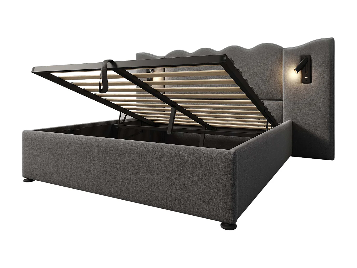 Lit coffre 160x200 cm avec rangement hydraulique, lampe orientable, ports USB et Type C, lin gris (Sans matelas)