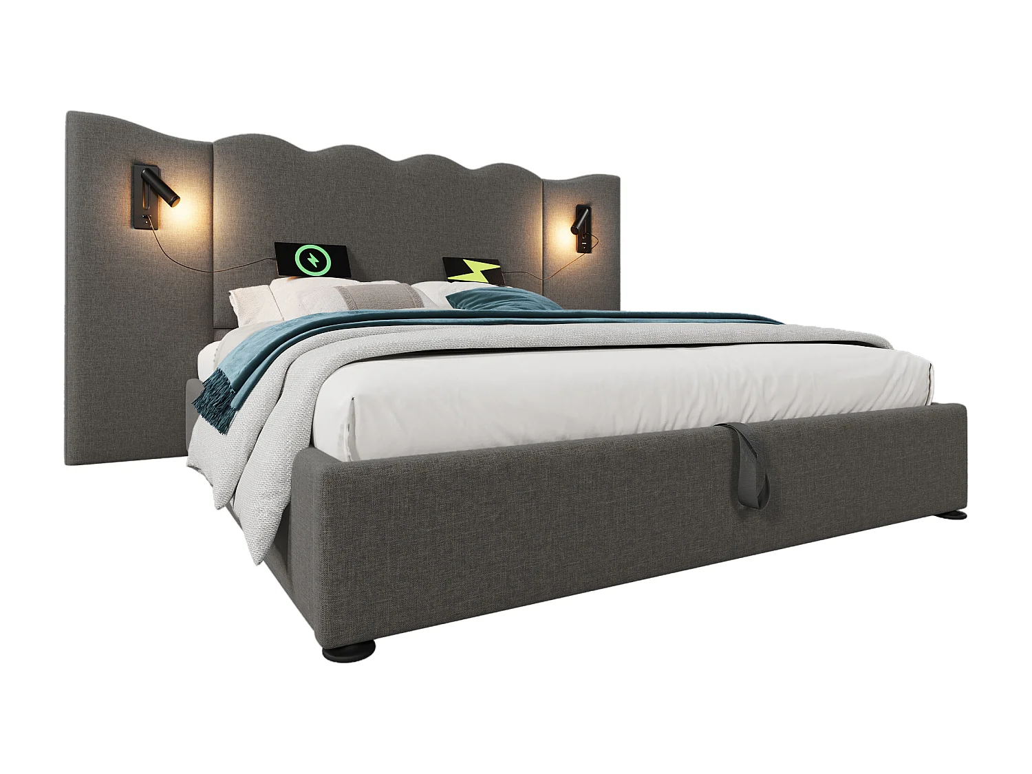 Lit coffre 160x200 cm avec rangement hydraulique, lampe orientable, ports USB et Type C, lin gris (Sans matelas)