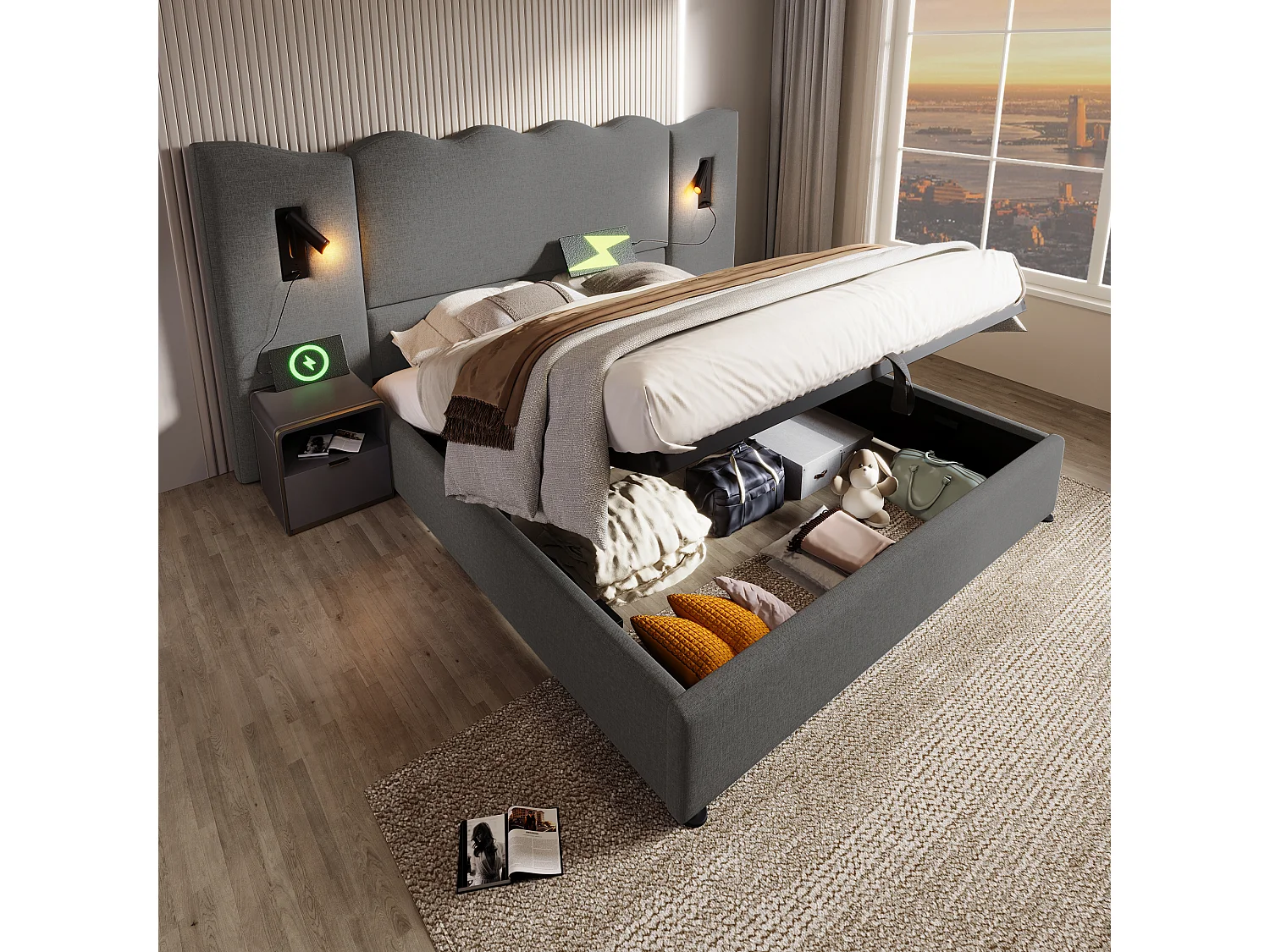 Lit coffre 160x200 cm avec rangement hydraulique, lampe orientable, ports USB et Type C, lin gris (Sans matelas)