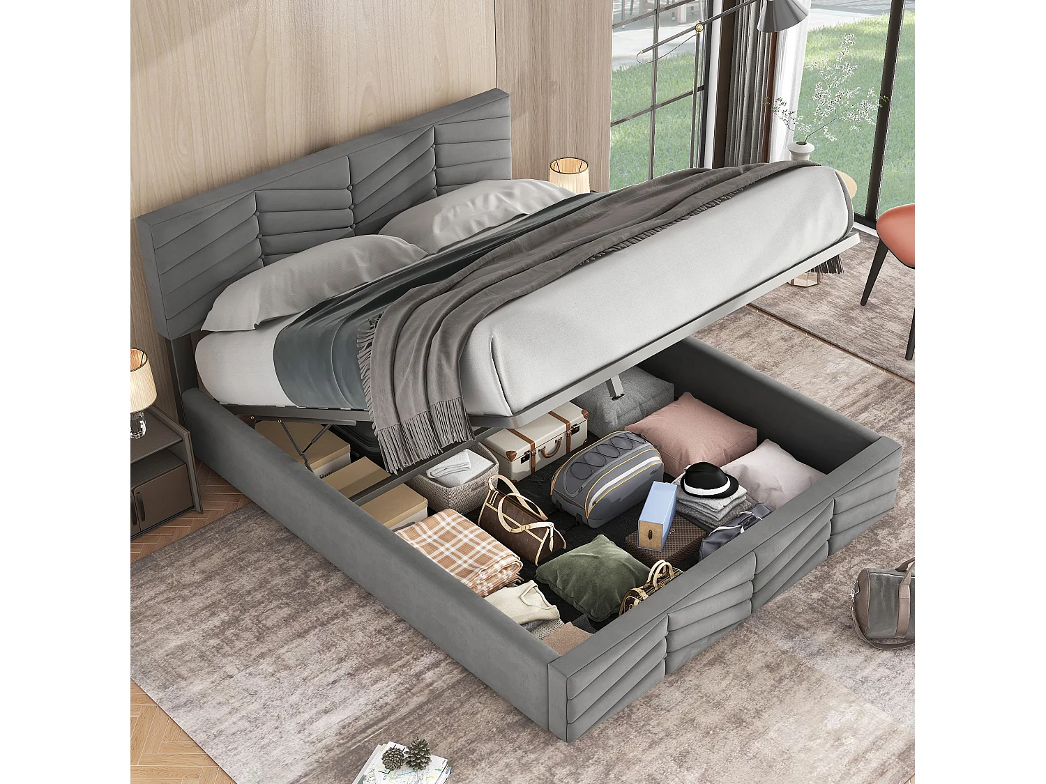 Lit coffre 140x190 cm, tête de lit réglable, ouverture hydraulique, velours gris (Sans matelas)