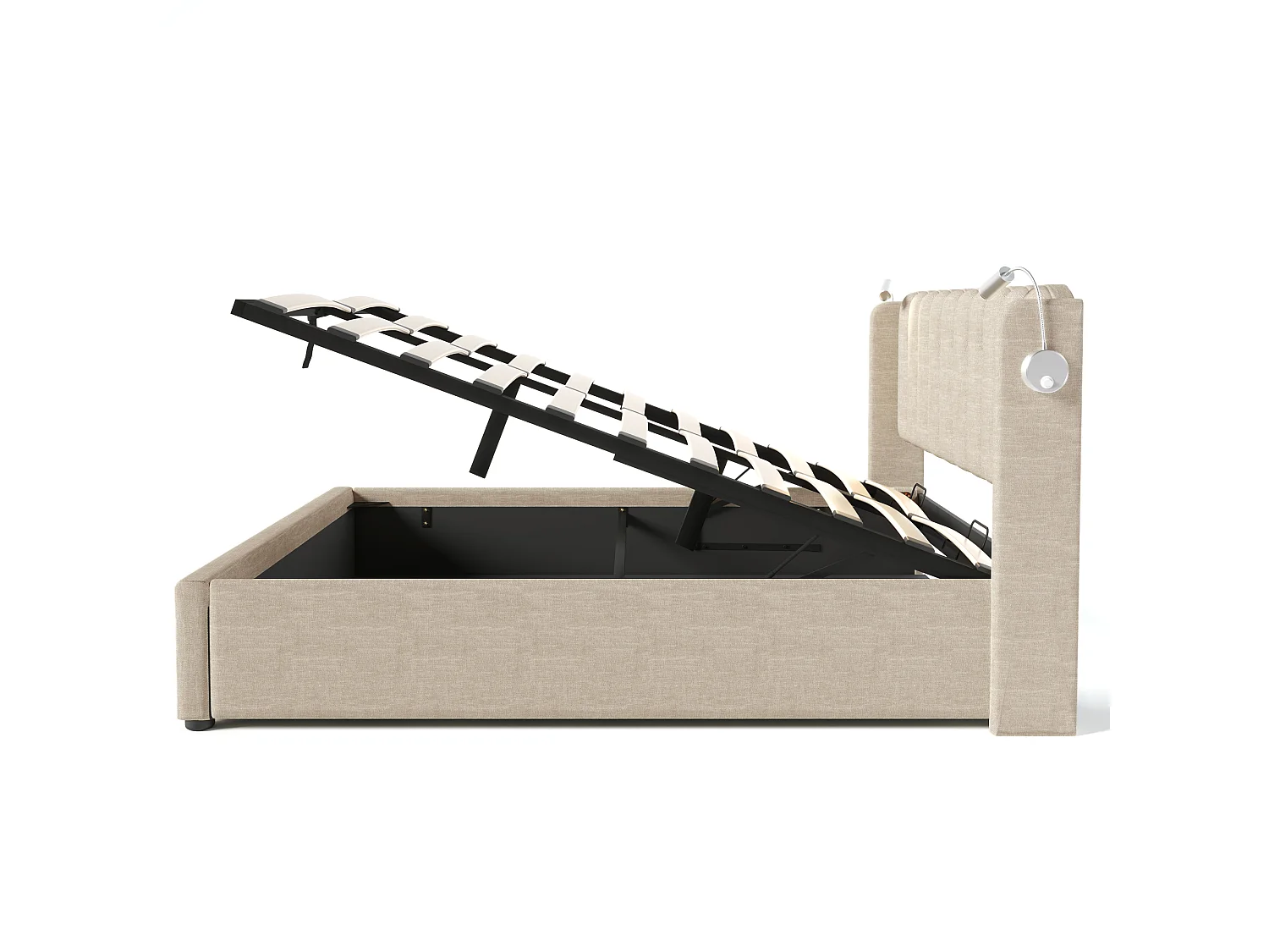 Lit coffre 140x200 cm avec liseuse et fonction de charge, rangement, lin, naturel (Sans matelas)
