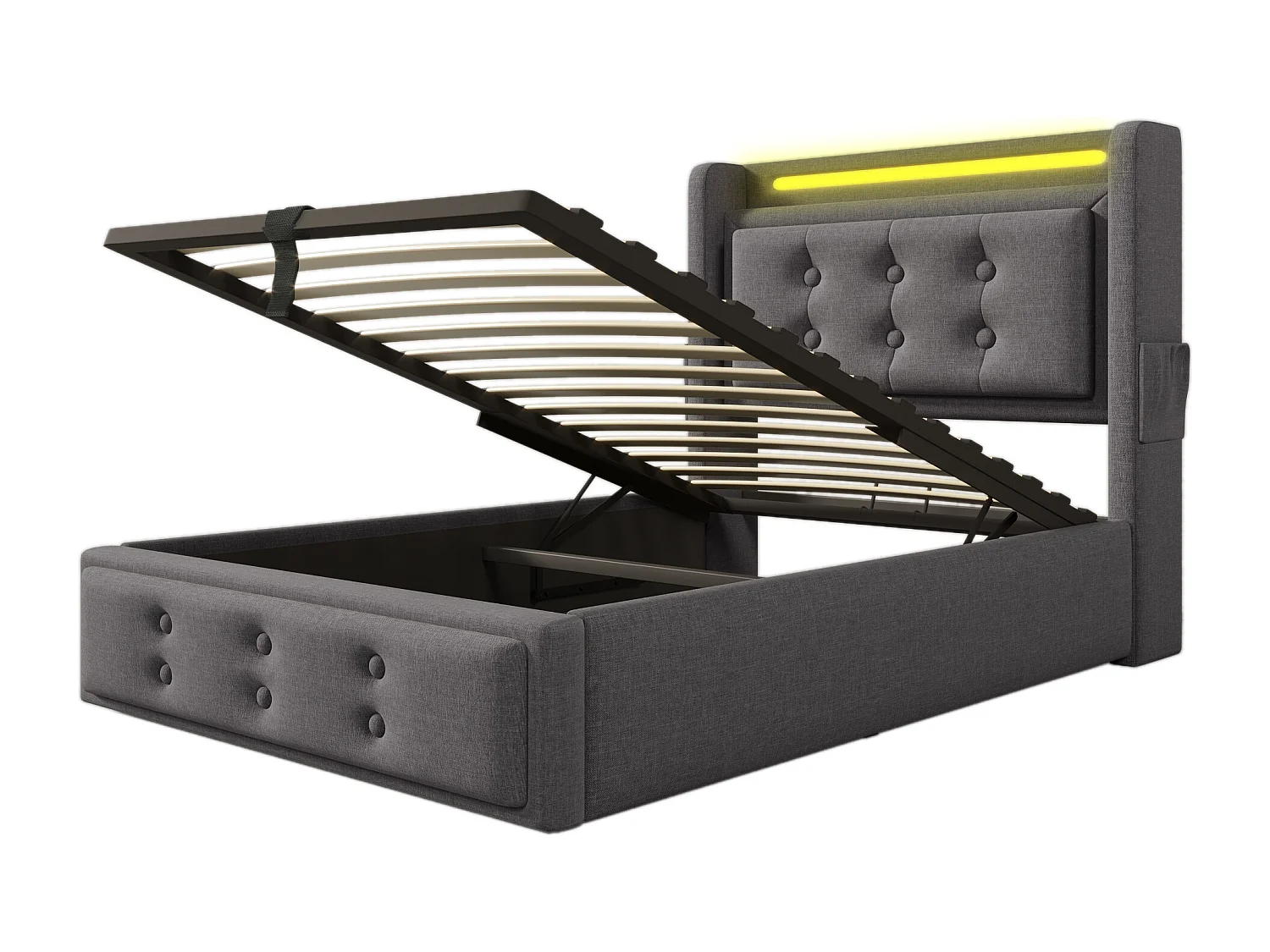 Lit coffre 90x200 cm avec sommier - tête de lit capitonnée avec USB et LED - coton et lin - gris (sans matelas)