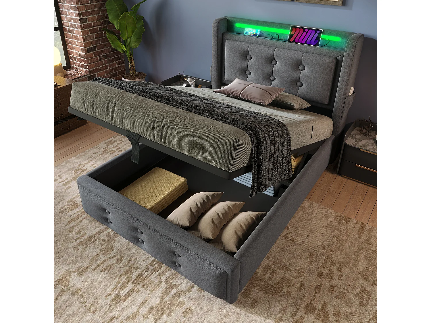 Lit coffre 90x200 cm avec LED et prise USB C, rangement, coton lin, gris (Sans matelas)