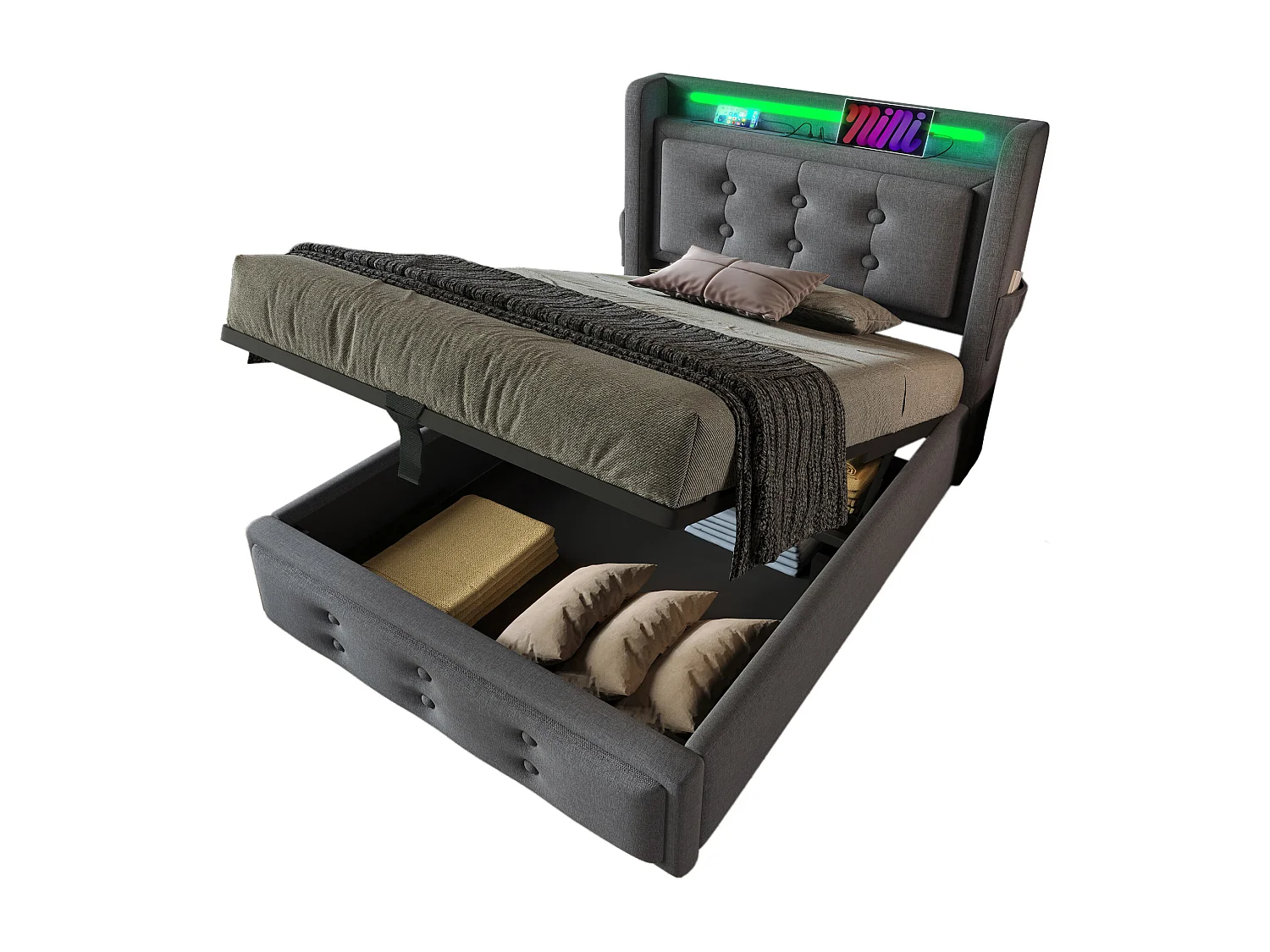 Lit coffre 90x200 cm avec LED et prise USB C, rangement, coton lin, gris (Sans matelas)
