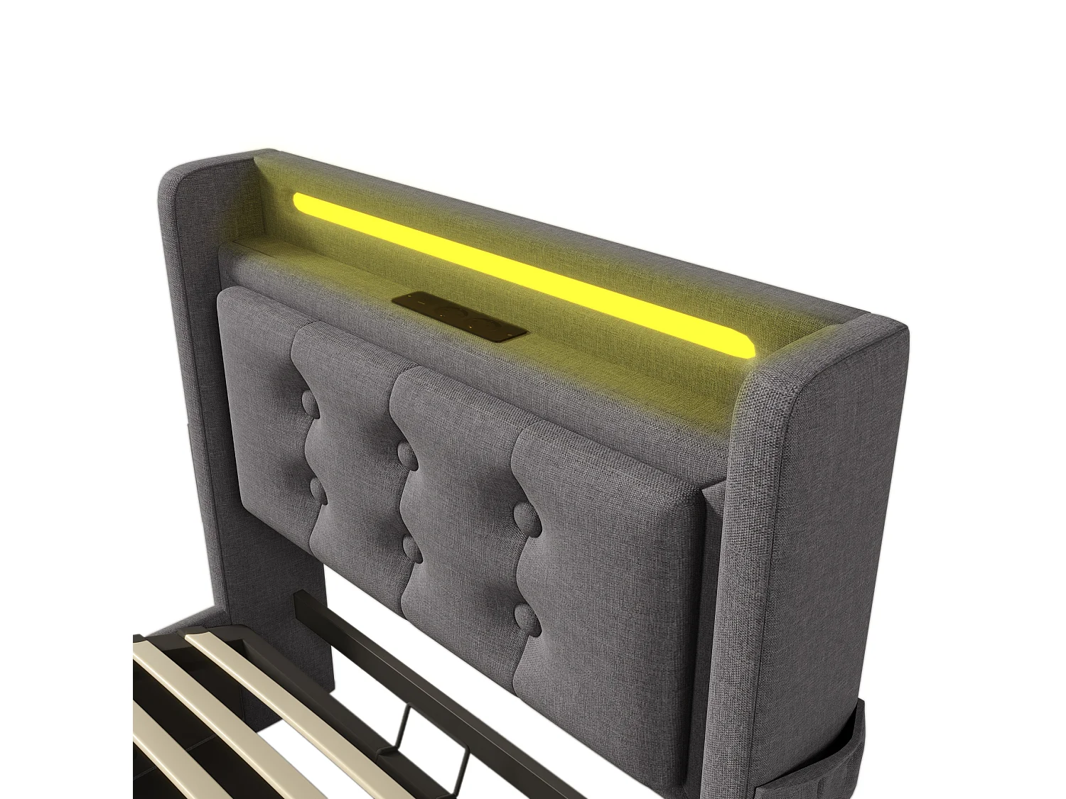Lit coffre 90x200 cm avec LED et prise USB C, rangement, coton lin, gris (Sans matelas)