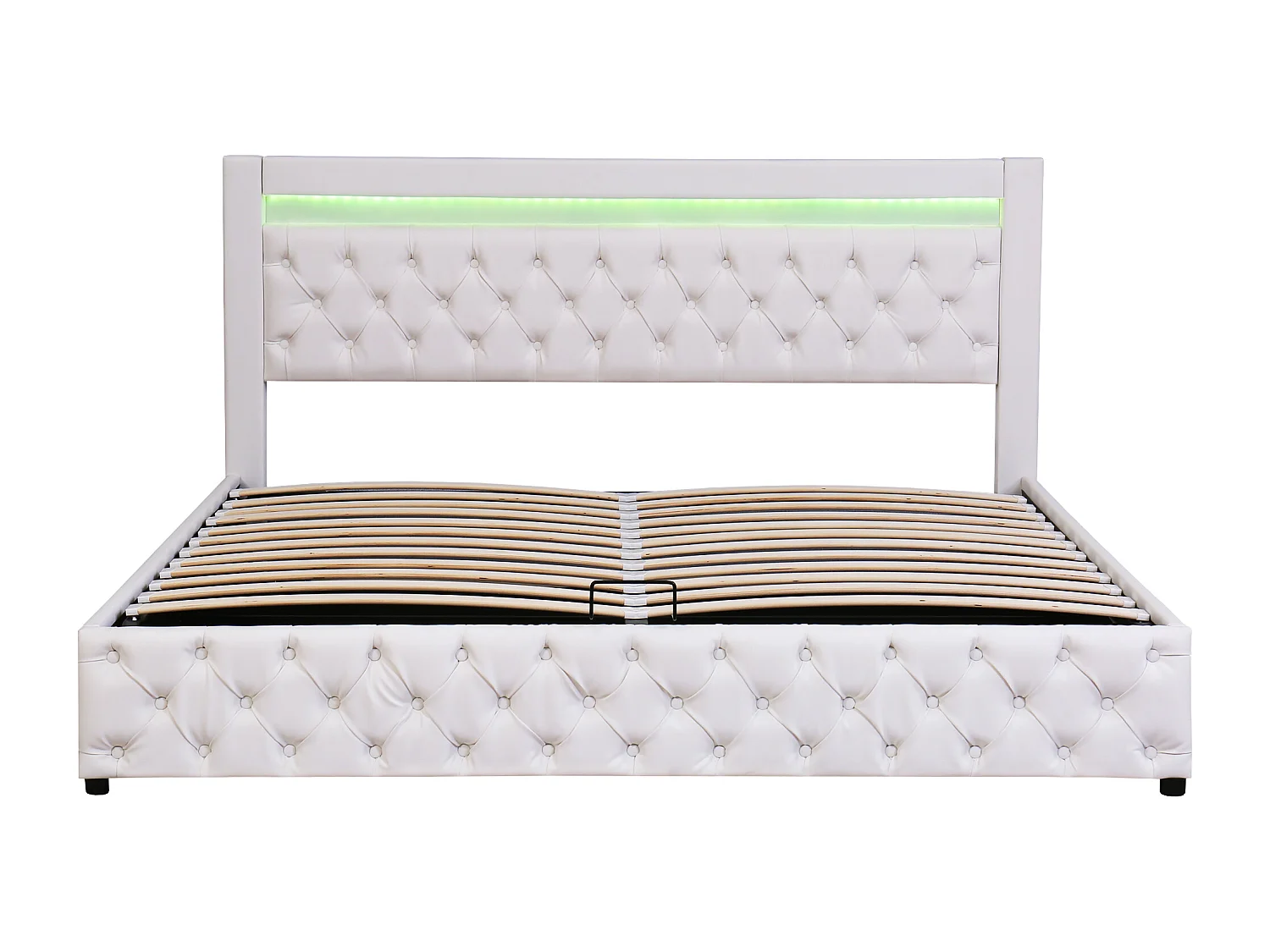 Lit coffre 180x200 cm, sommier relevable, éclairage LED, tête de lit haute, PU blanc (Sans matelas)