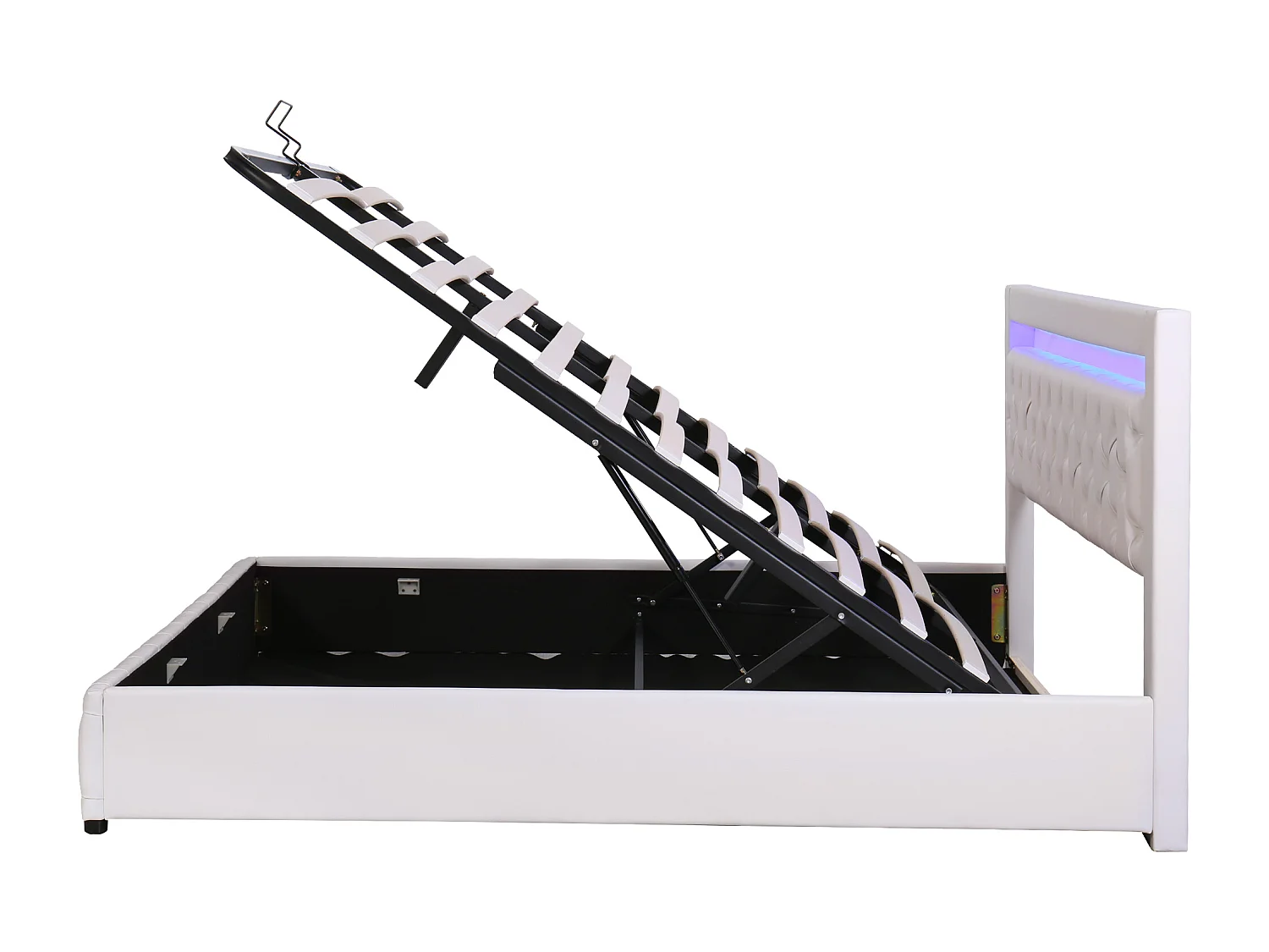 Lit coffre 180x200 cm, sommier relevable, éclairage LED, tête de lit haute, PU blanc (Sans matelas)