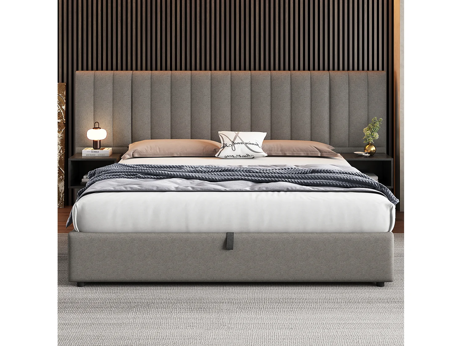 Lit coffre 180x200 cm avec avec sommier - tête de lit capitonnée avec 2 tables de chevet - lin - gris (sans matelas)
