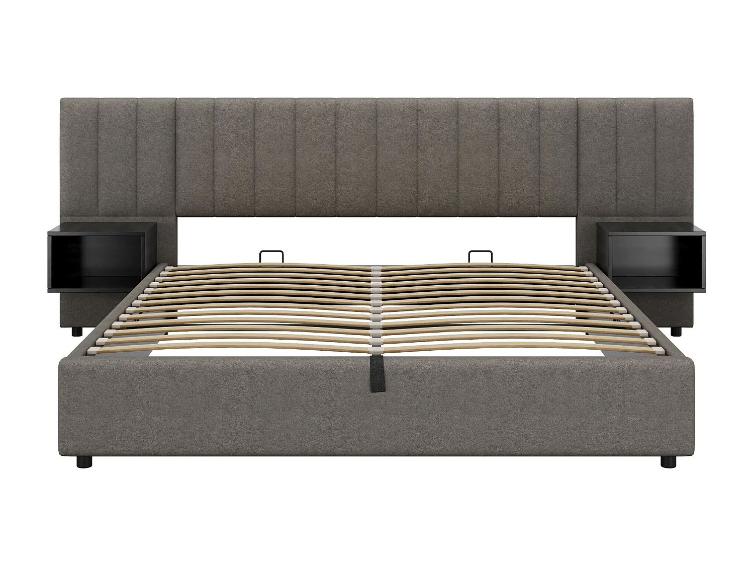 Lit coffre 180x200 cm avec avec sommier - tête de lit capitonnée avec 2 tables de chevet - lin - gris (sans matelas)