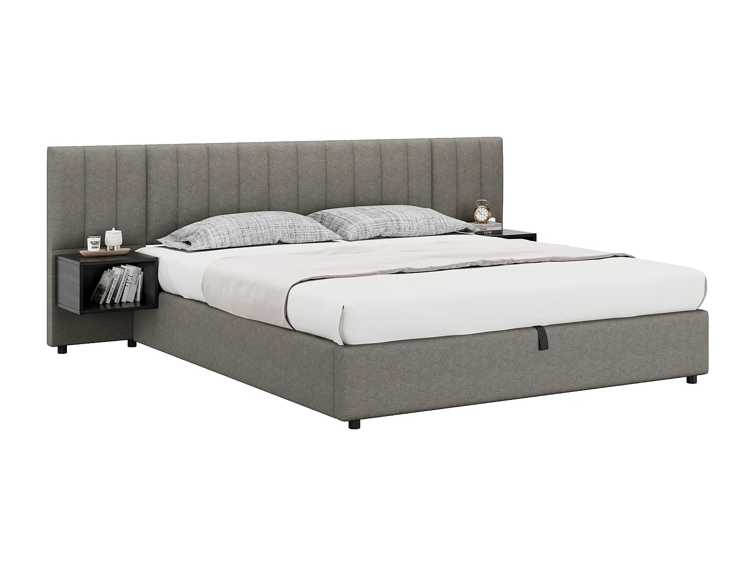 Lit coffre 180x200 cm avec avec sommier - tête de lit capitonnée avec 2 tables de chevet - lin - gris (sans matelas)