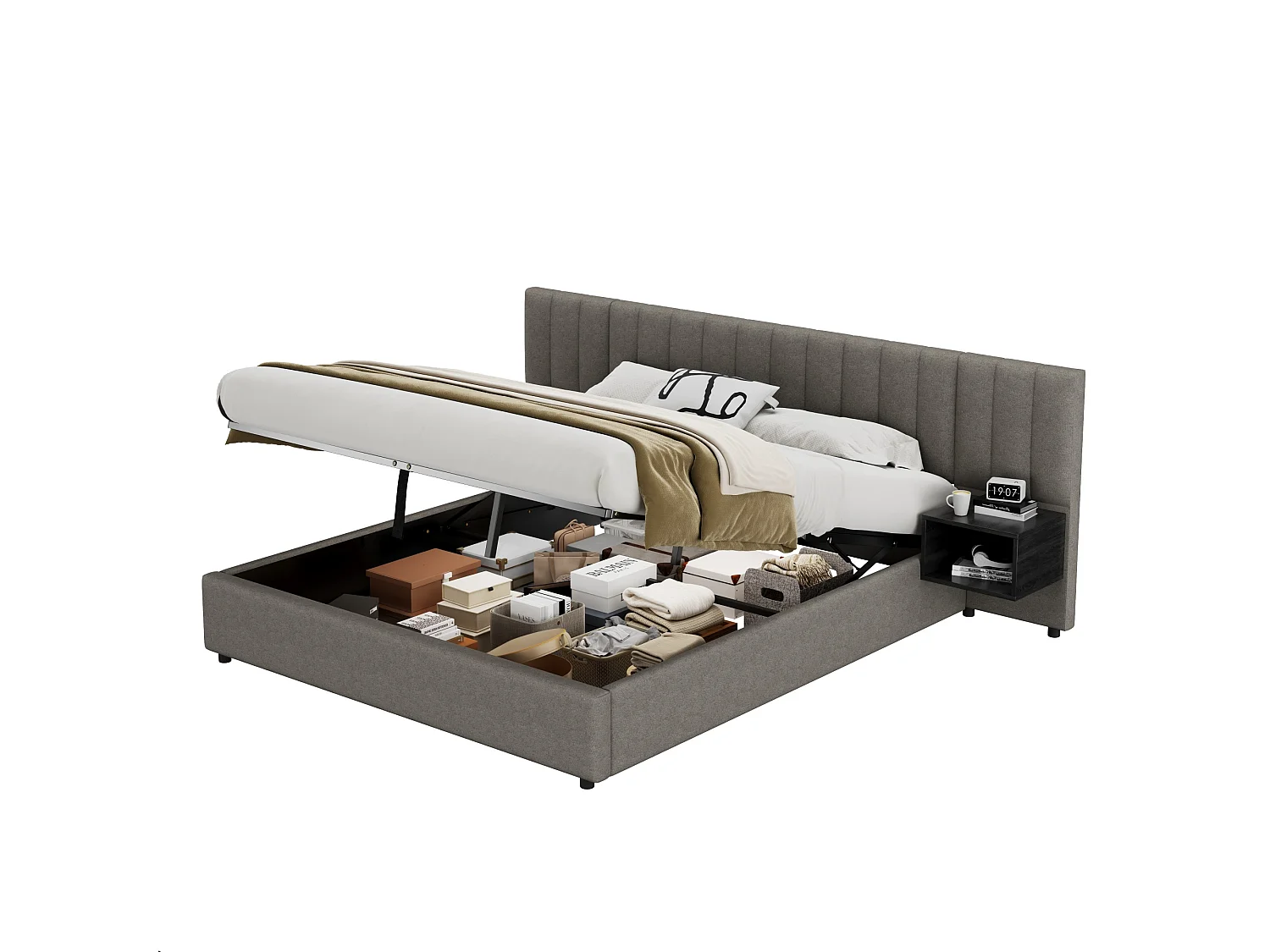 Lit coffre 180x200 cm avec avec sommier - tête de lit capitonnée avec 2 tables de chevet - lin - gris (sans matelas)