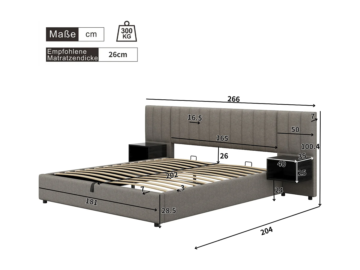 Lit coffre 180x200 cm avec avec sommier - tête de lit capitonnée avec 2 tables de chevet - lin - gris (sans matelas)