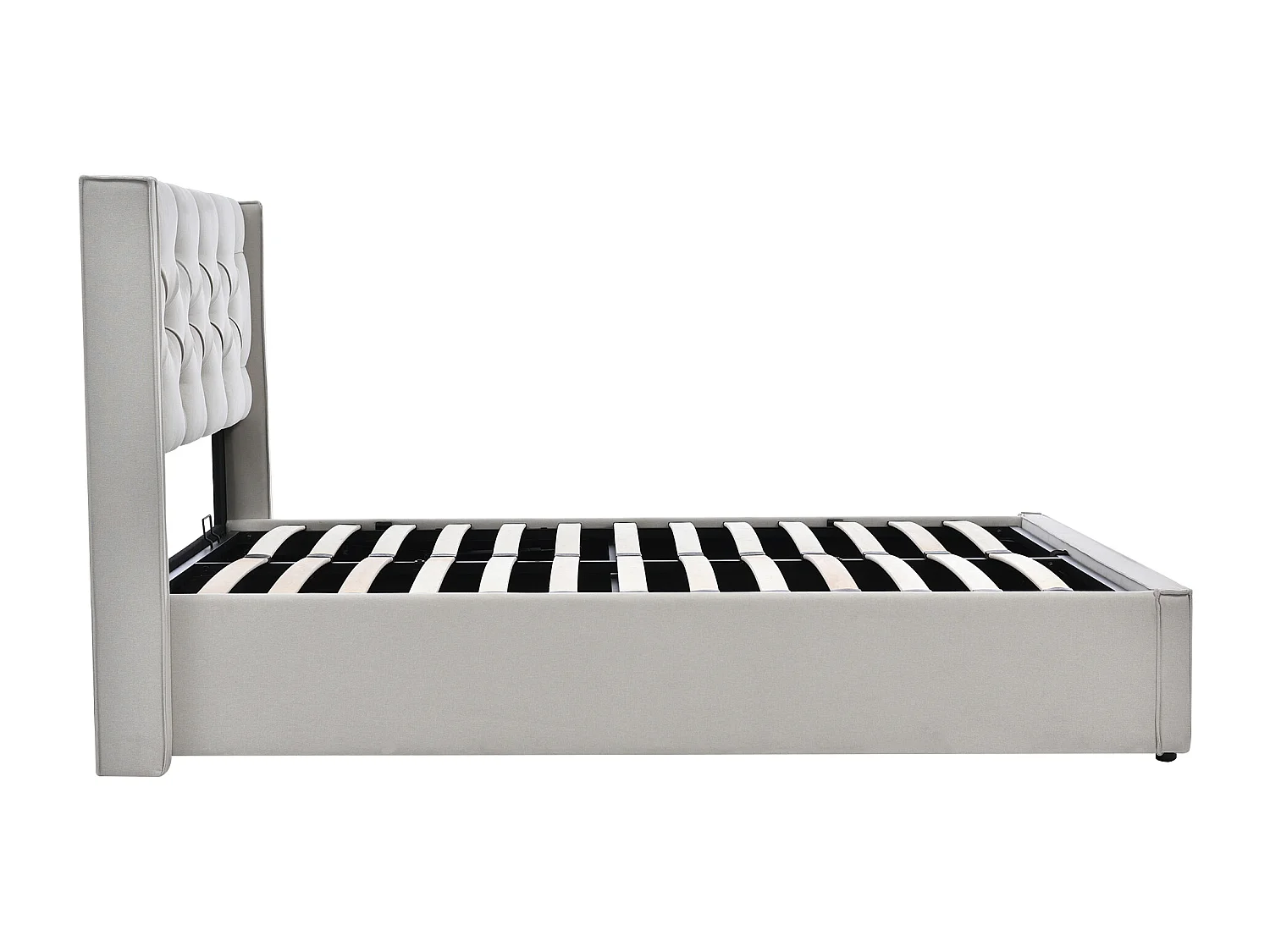 Lit coffre 140x200 cm, tête de lit capitonnée, sommier relevable, bois massif métal coton gris clair(Sans matelas)
