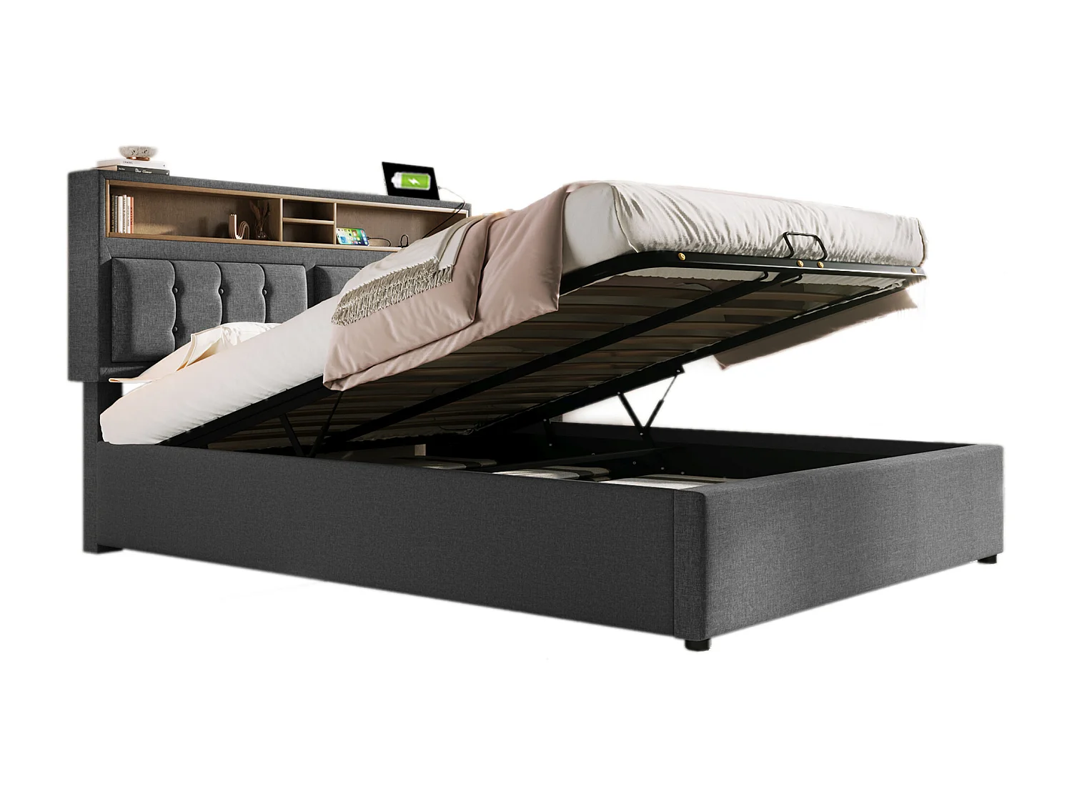 Lit coffre 160x200 cm avec avec sommier - tête de lit avec rangement et USB - tissu lin - gris (sans matelas)