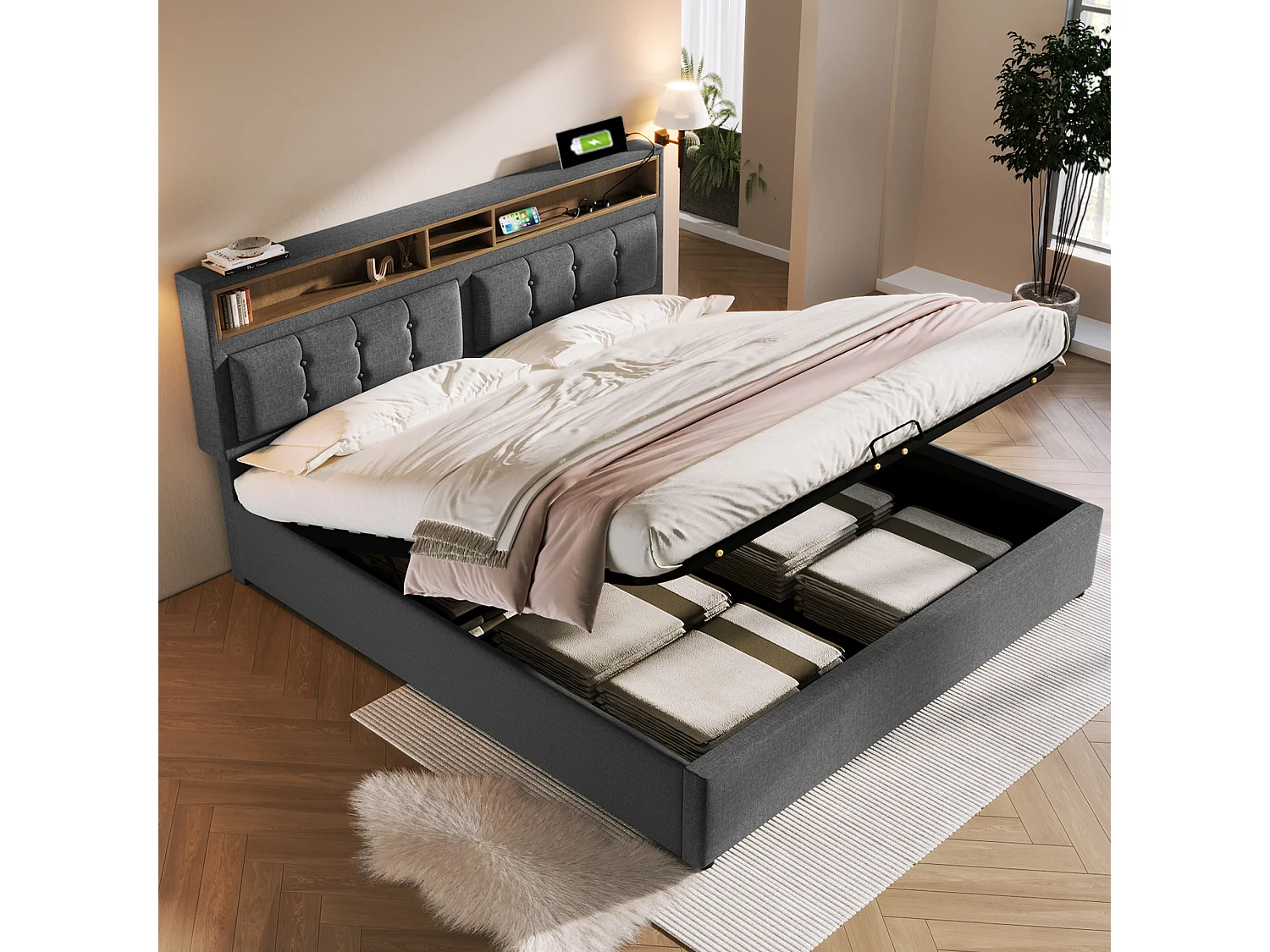 Lit coffre 160x200 cm avec tête de lit réglable, prises et USB, rangement, lin gris (Sans matelas)