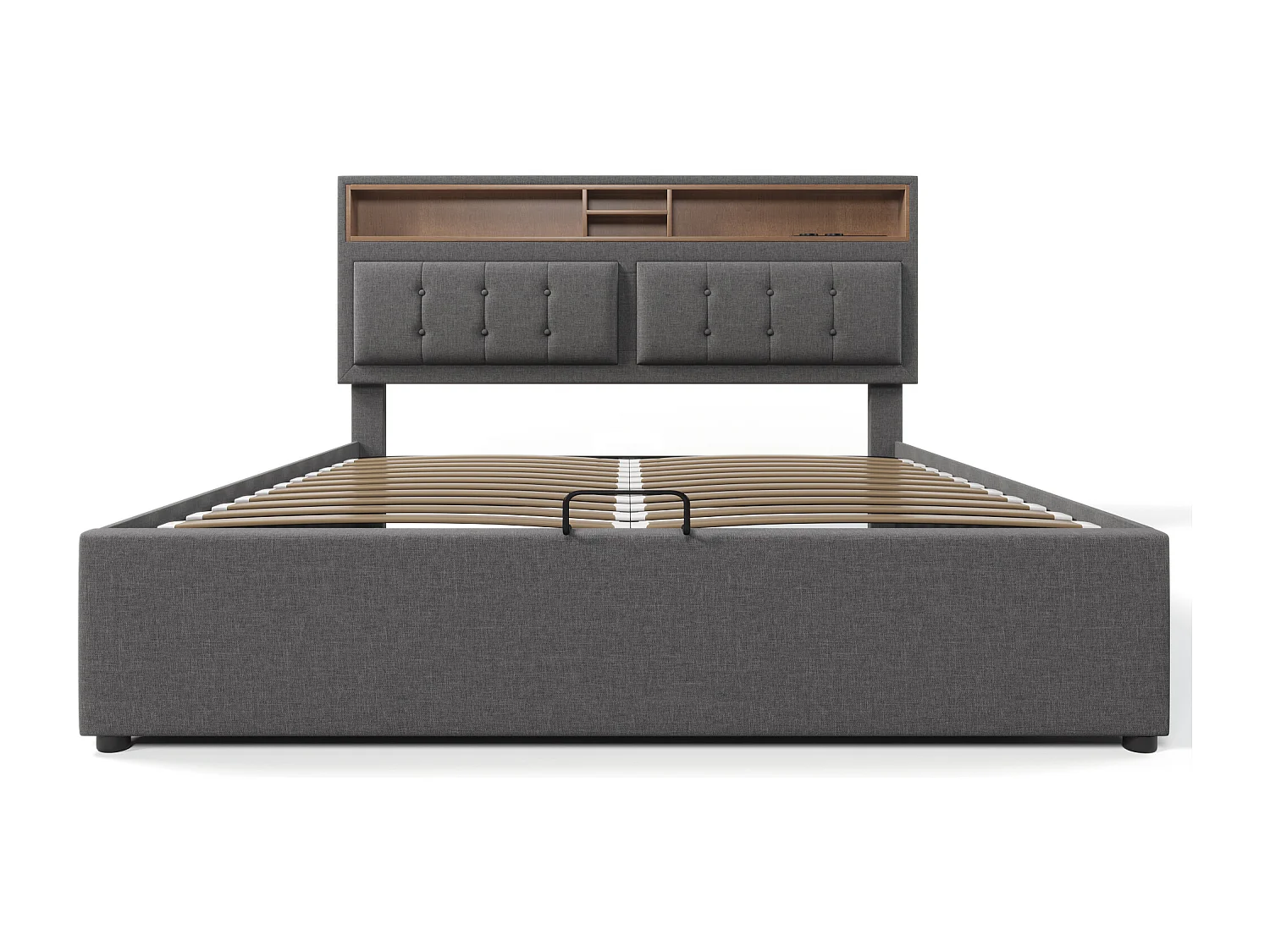 Lit coffre 160x200 cm avec tête de lit réglable, prises et USB, rangement, lin gris (Sans matelas)