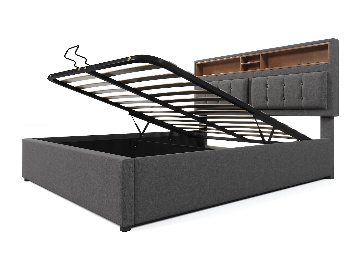 Lit coffre 160x200 cm avec tête de lit réglable, prises et USB, rangement, lin gris (Sans matelas)