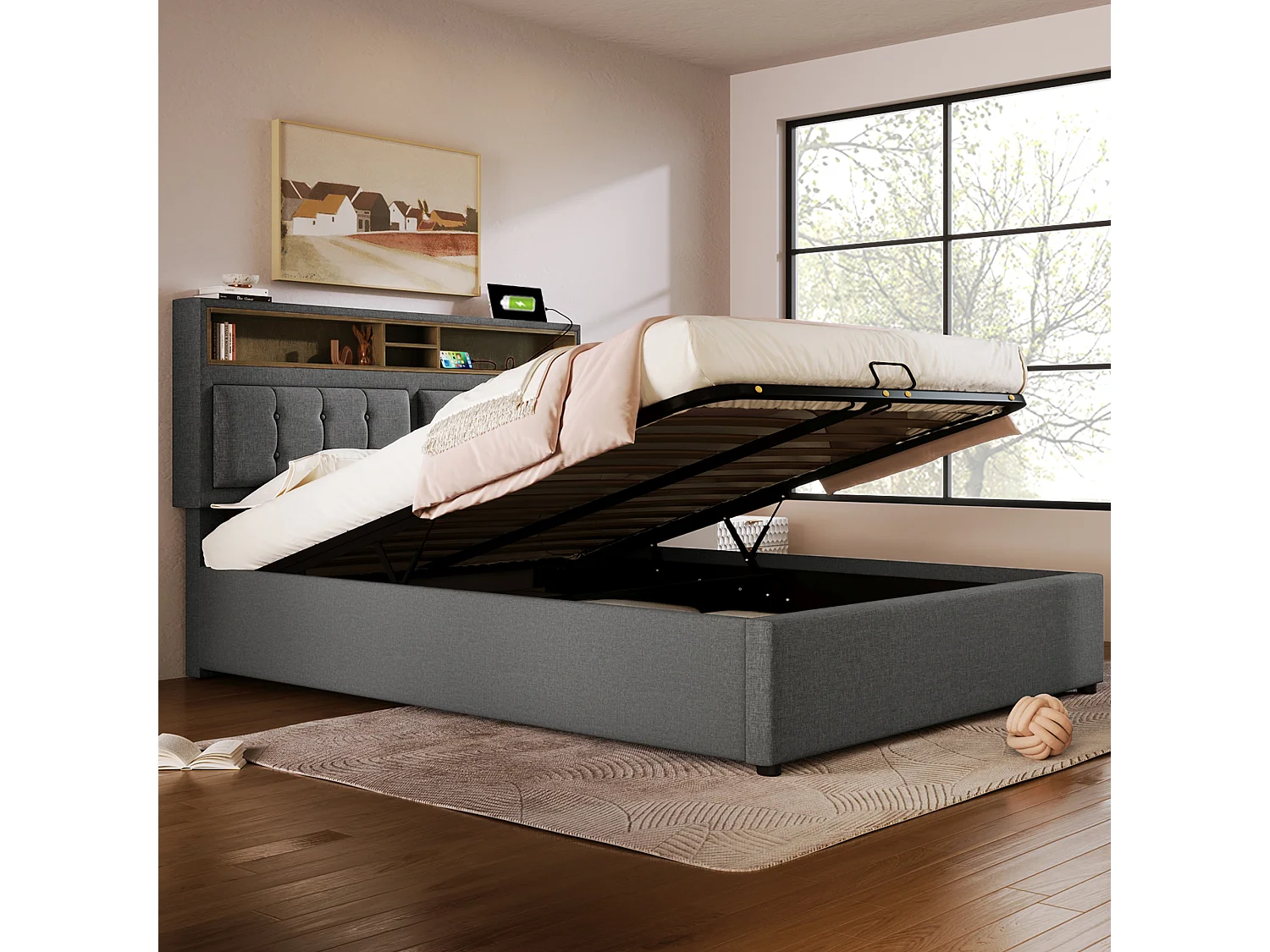 Lit coffre 160x200 cm avec tête de lit réglable, prises et USB, rangement, lin gris (Sans matelas)