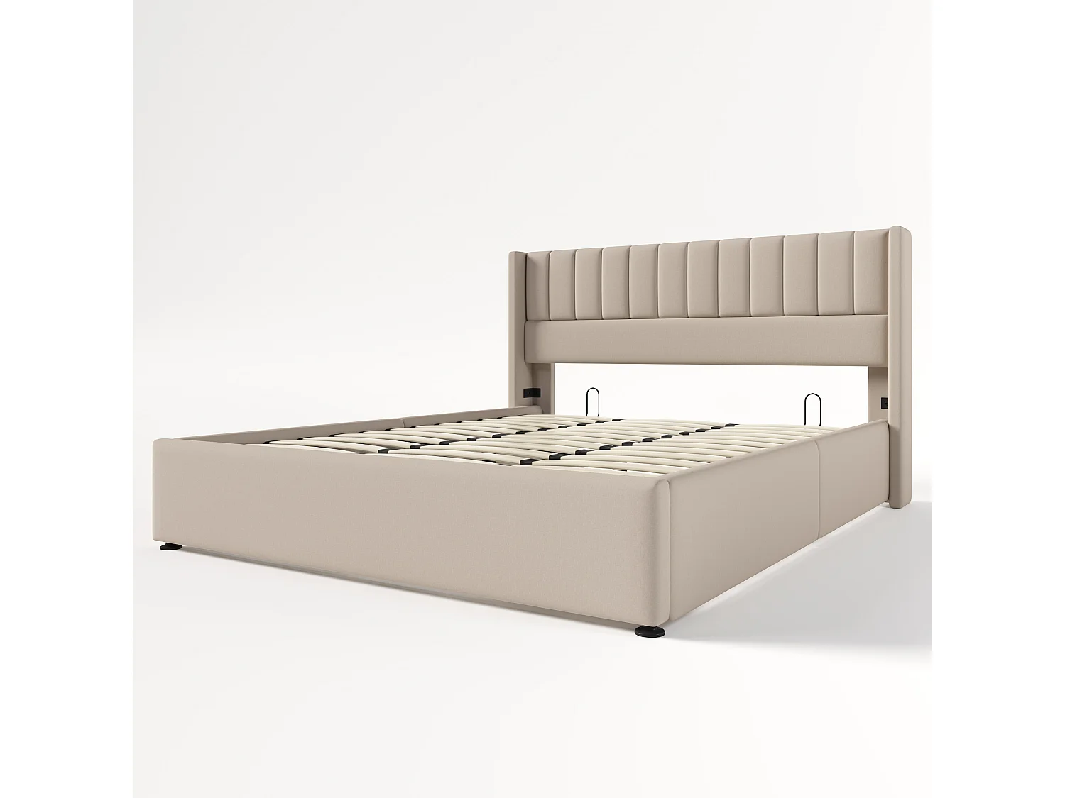 Lit coffre 180x200 cm, sommier relevable hydraulique, tête de lit rembourrée, lin beige (Sans matelas)