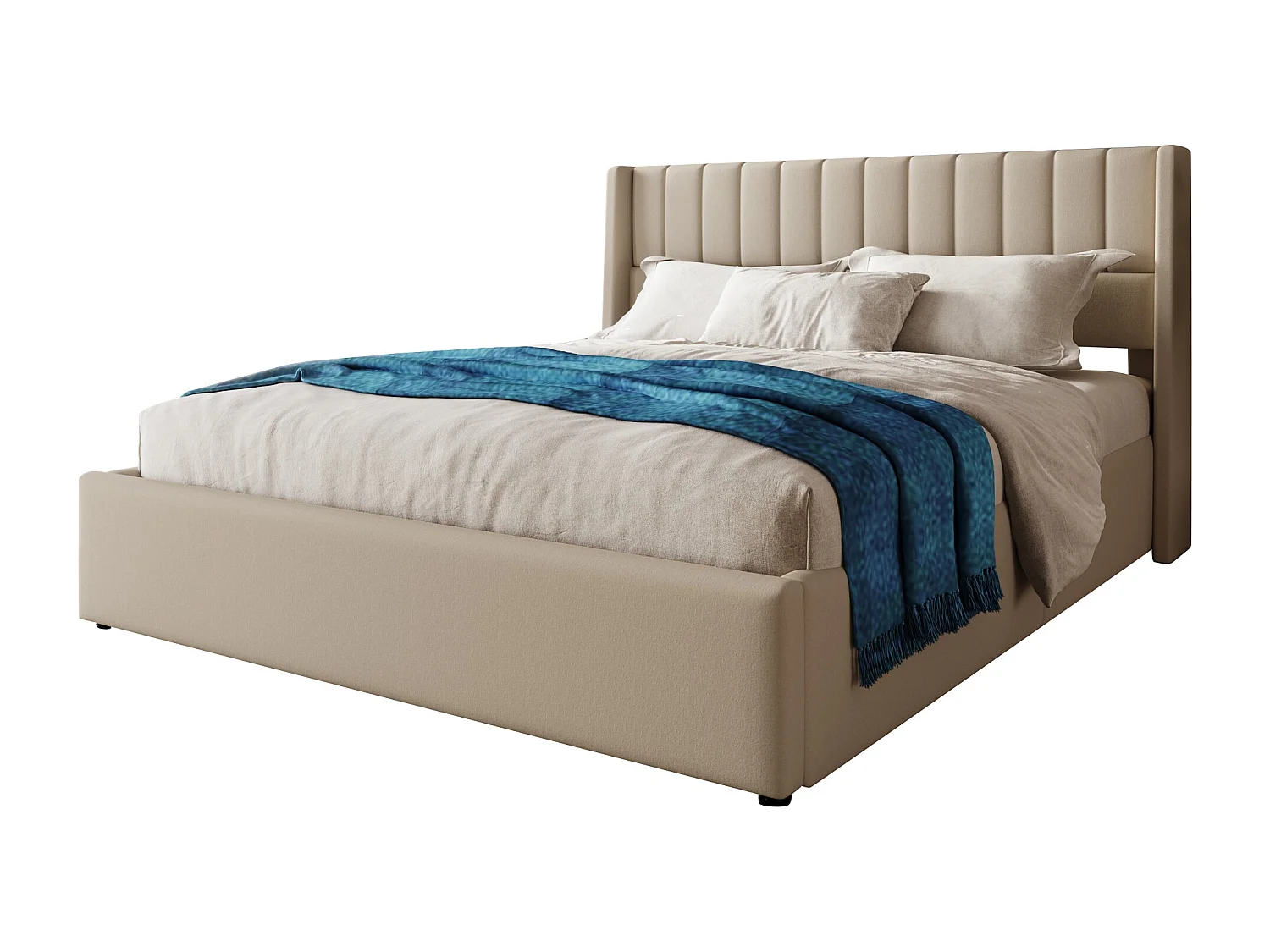 Lit coffre 180x200 cm, sommier relevable hydraulique, tête de lit rembourrée, lin beige (Sans matelas)