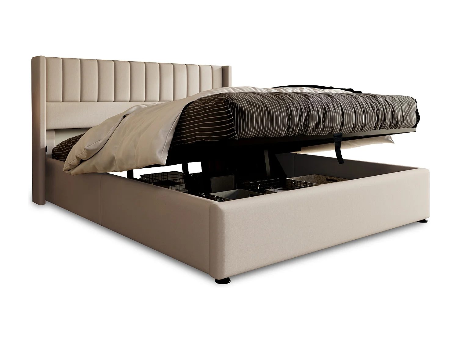 Lit coffre 180x200 cm, sommier relevable hydraulique, tête de lit rembourrée, lin beige (Sans matelas)