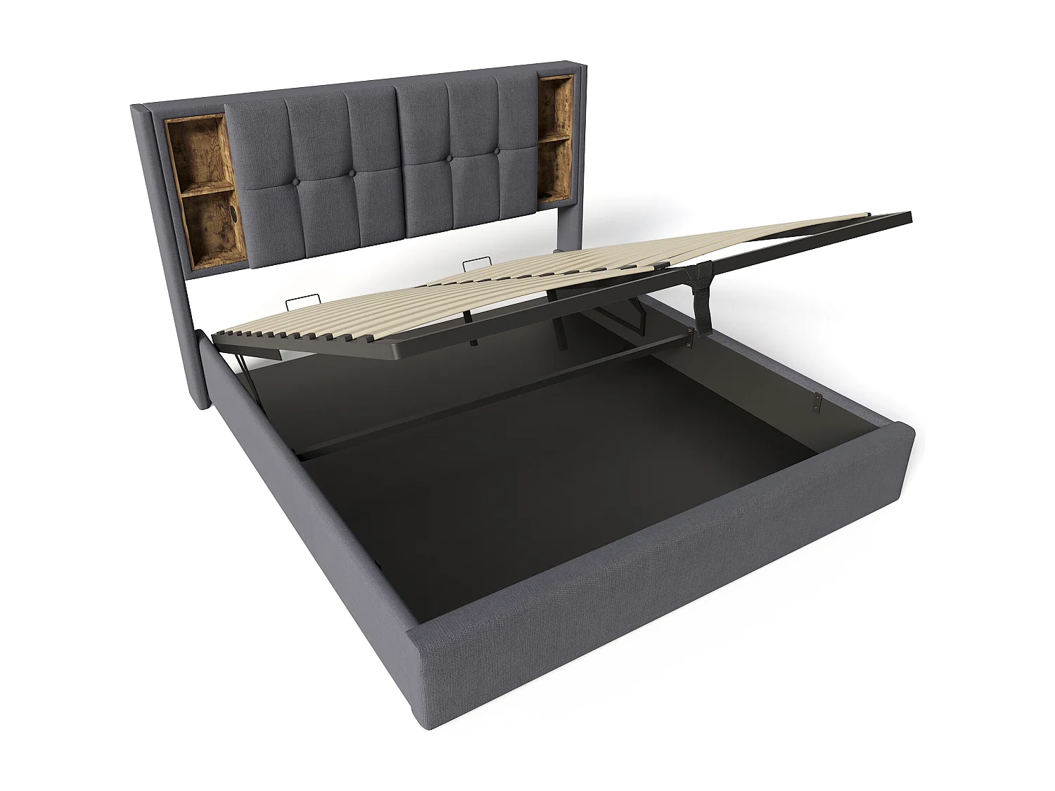 Lit coffre 140x200 cm avec recharge sans fil, USB et rangement, coton gris (Avec matelas)
